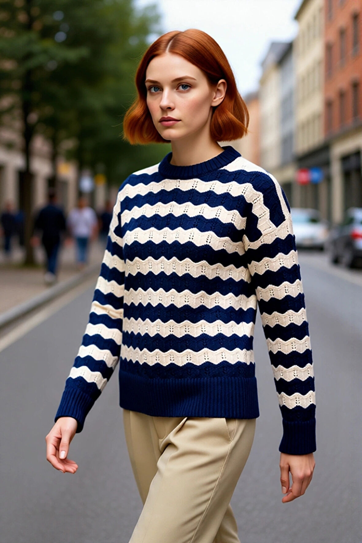 Kadın Lacivert Ekru Oversize Bisiklet Yaka Düşük Kol Dalgalı Ajurlu Yumuşak Dokulu Uzun Triko Kazak