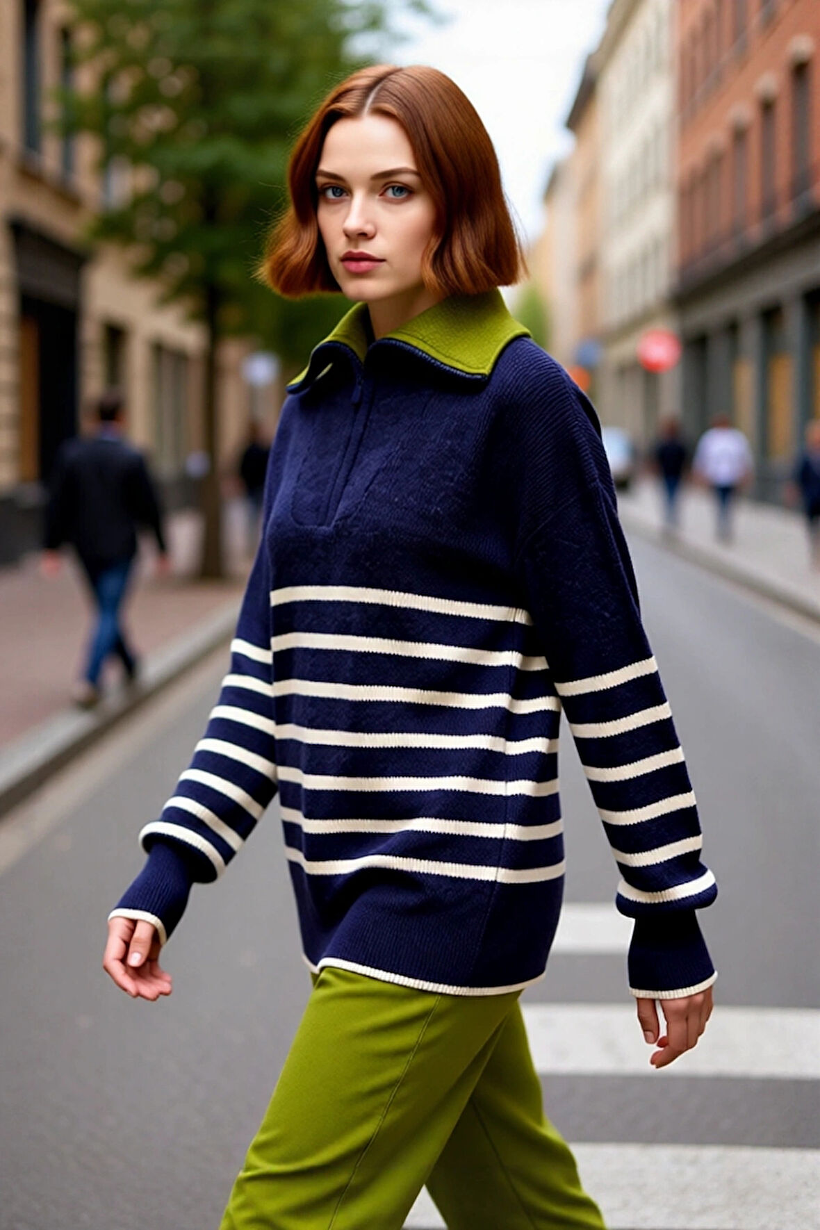 Kadın Oversize Geniş Kalıp Çizgili Yarım Fermuarlı Devrik Yaka Triko Kazak Soğuklara Özel Kaliteli