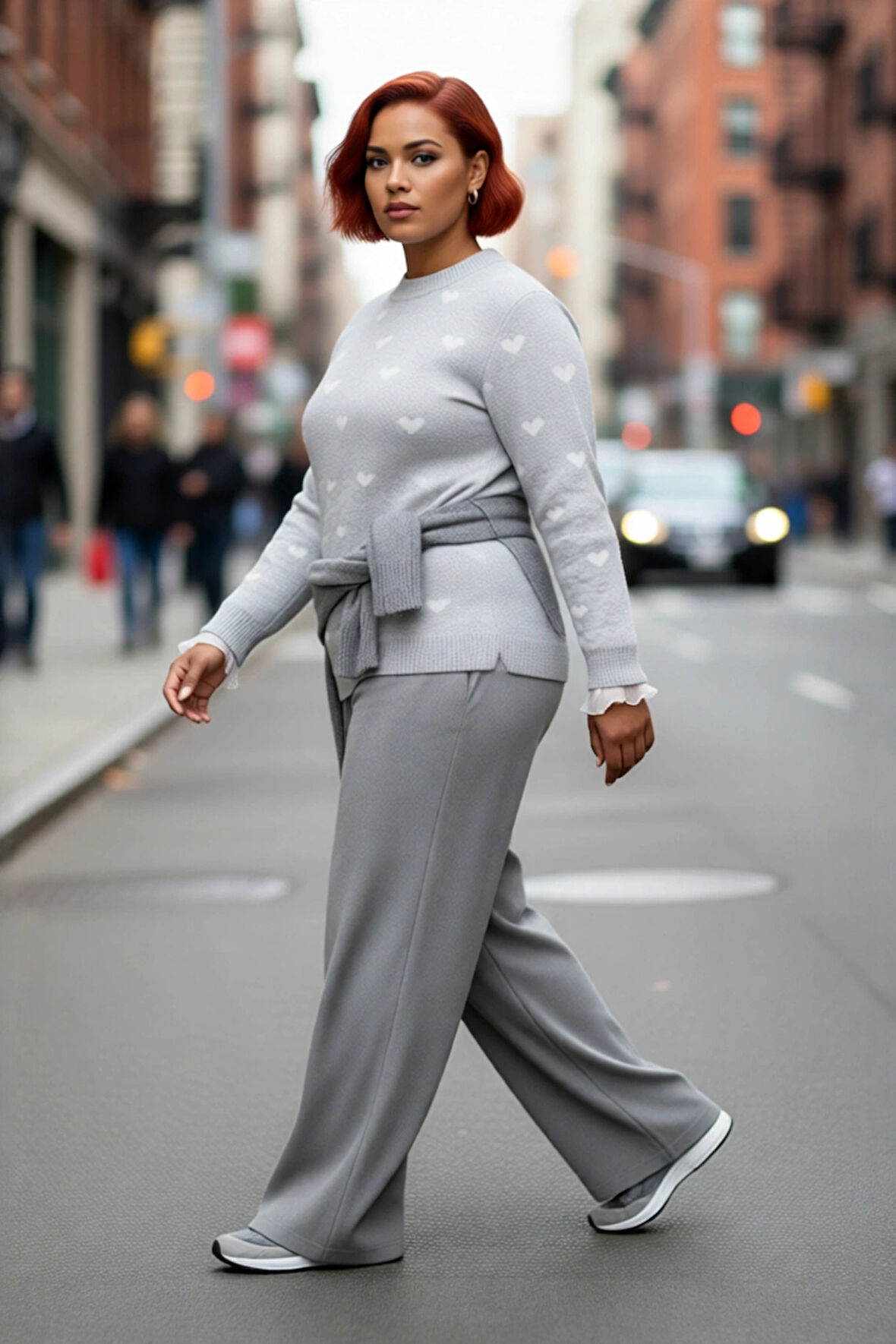 Kadın Gri Kalp Desenli Triko Kazak Uzun Kollu Regular Kesim Soğuk Havalar İçin İdeal Şıklık