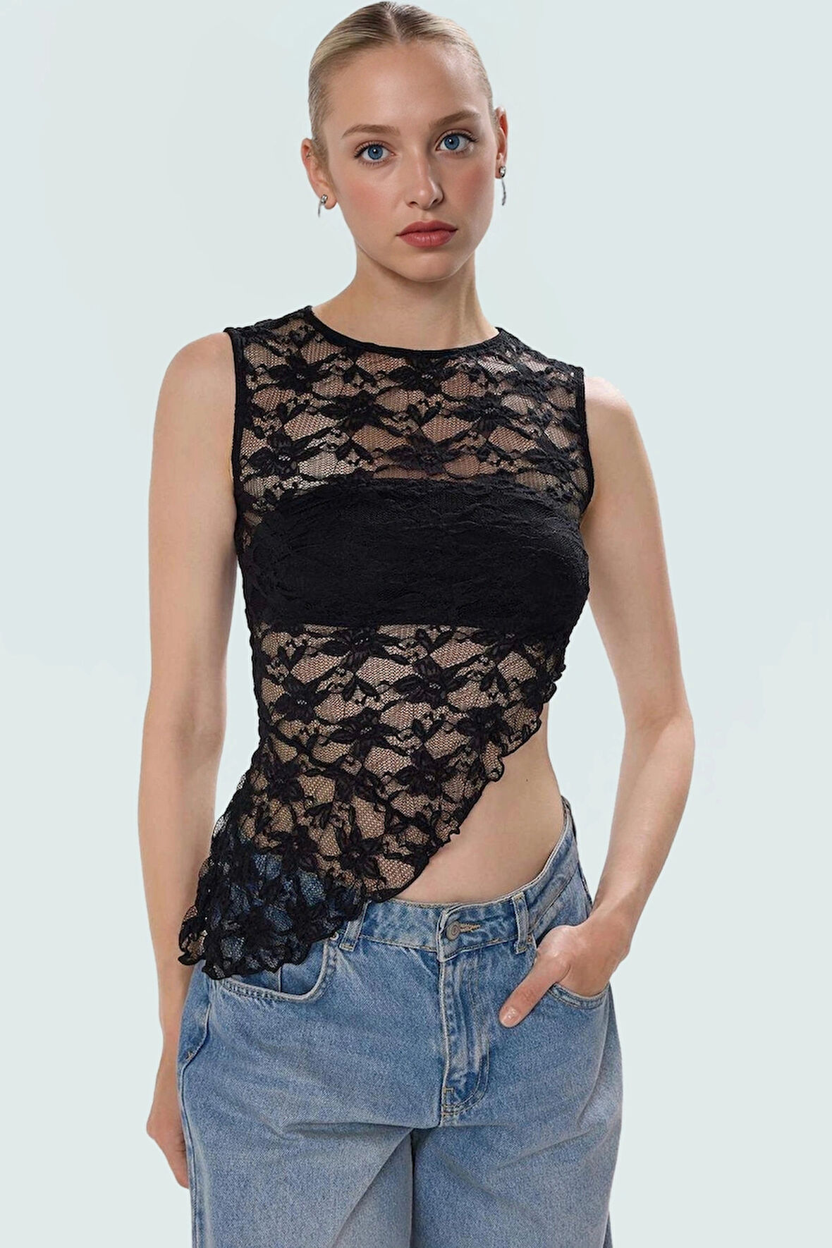 Dantel Asimetrik Örme Bluz Yazlık Şık Fitted Kalıp Zarifane Tasarım Seçkin Malzeme
