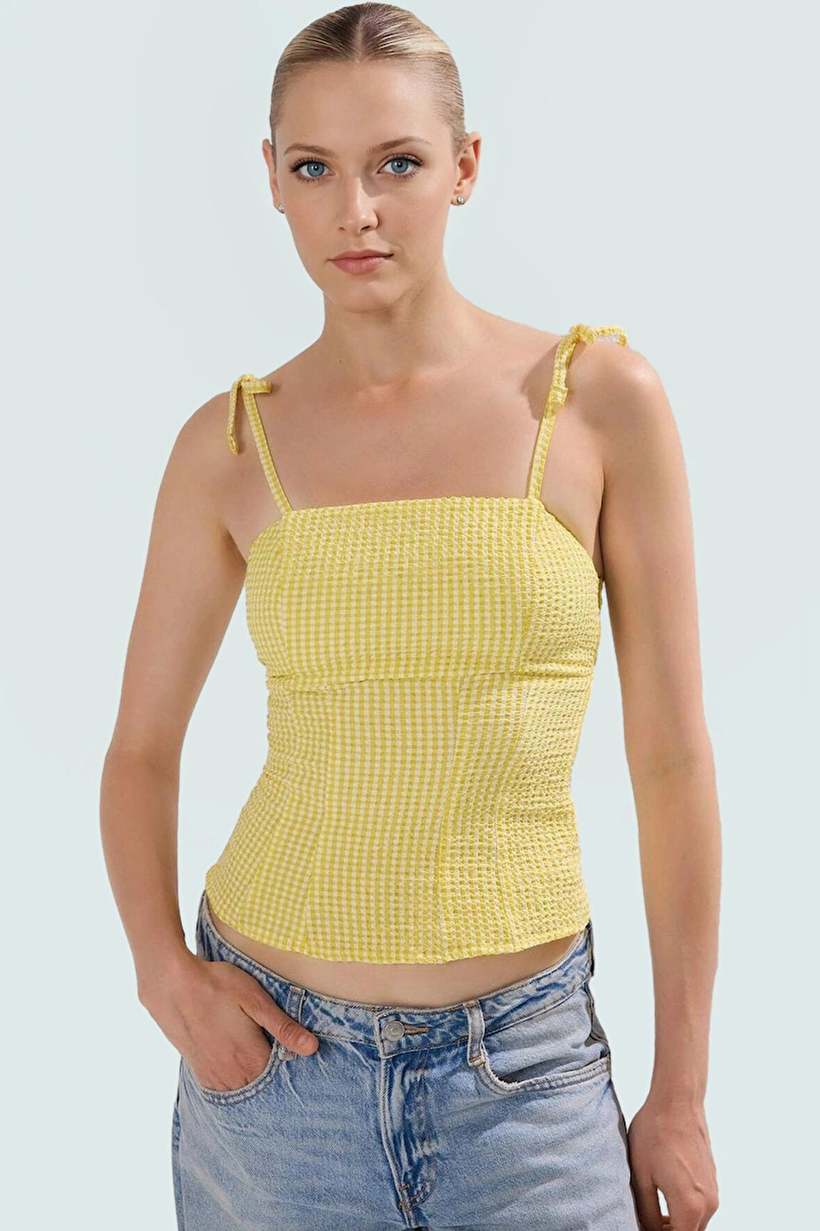 Yazlık Ekose Gofre Dokuma Kolsuz Bluz Rahat Günlük Stil Seçkin Malzeme Premium Kalite