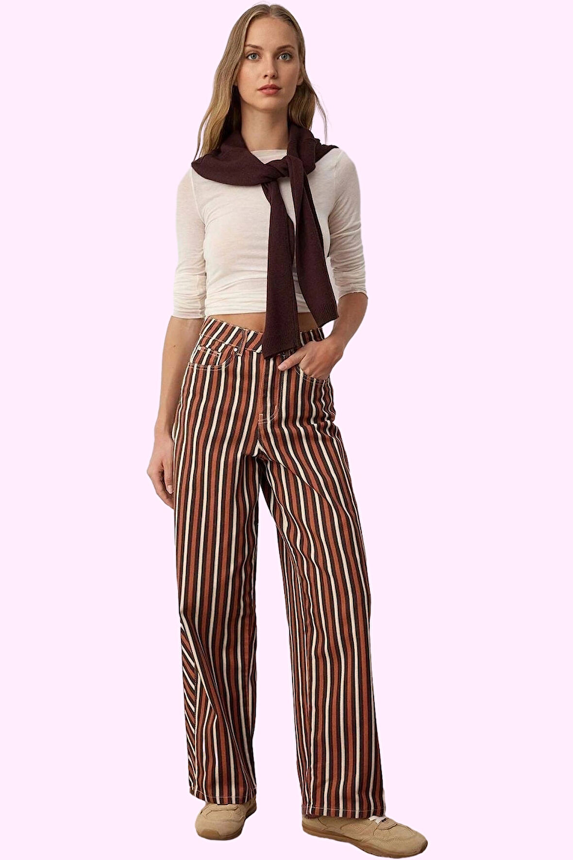 Kadın Çizgili Desenli Normal Bel Geniş Paça Baggy Jean Pantolon Pamuk Günlük Modern Tasarım