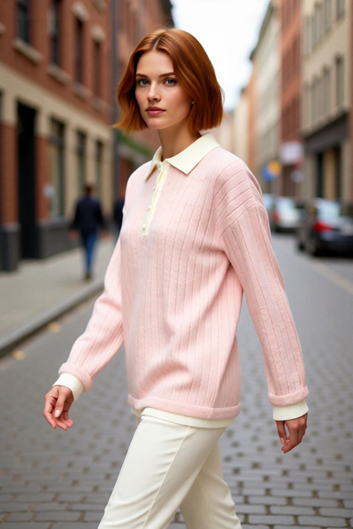 Kadın Tesettür Pembe Renk Bloklu Regular Kalıp Ribana Triko Polo Yaka Düşük Kol Kazak Kaliteli