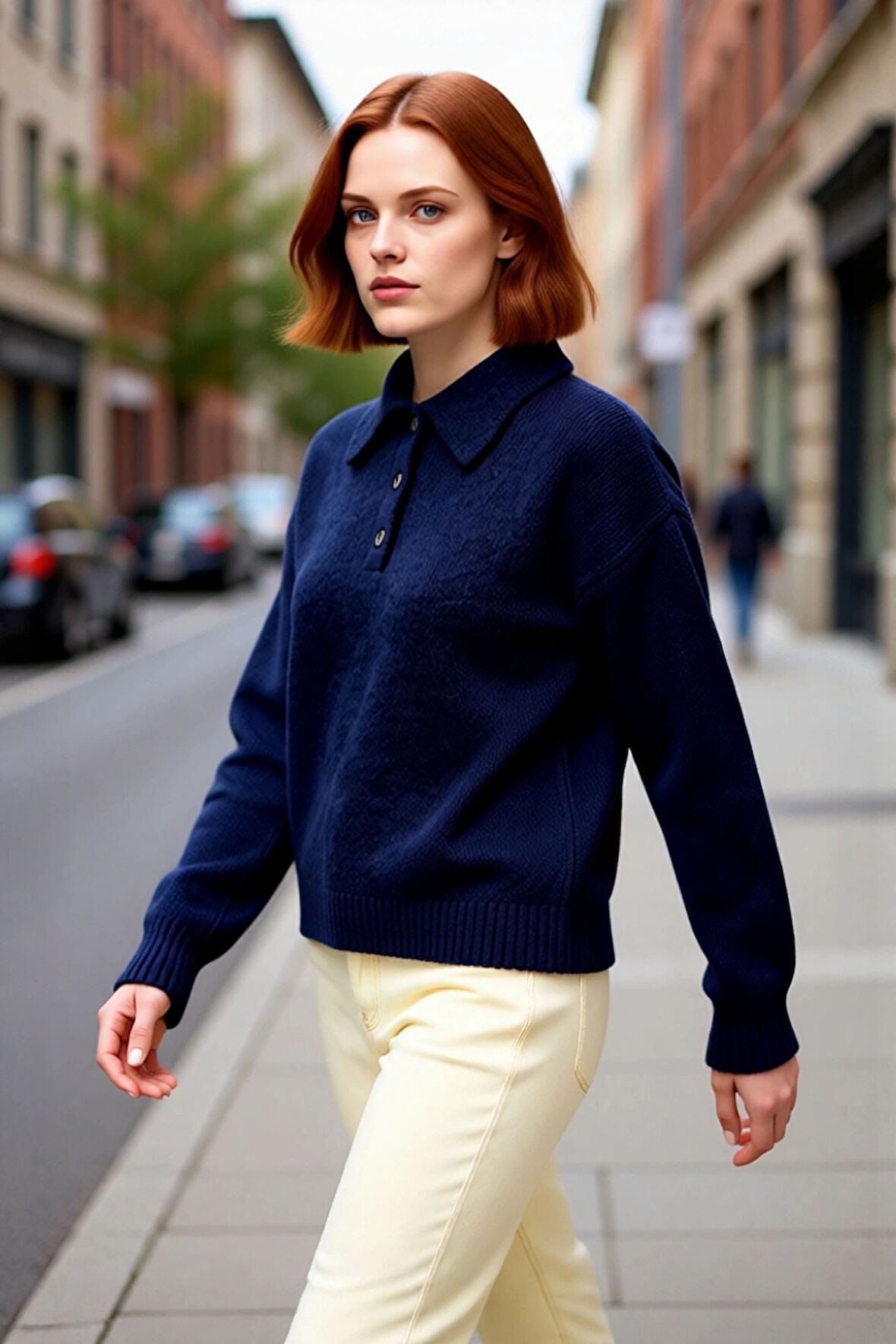 Kadın Lacivert Oversize Geniş Kalıp Polo Yaka Triko Kazak Kış Günleri İçin İdeal Günlük Kombin