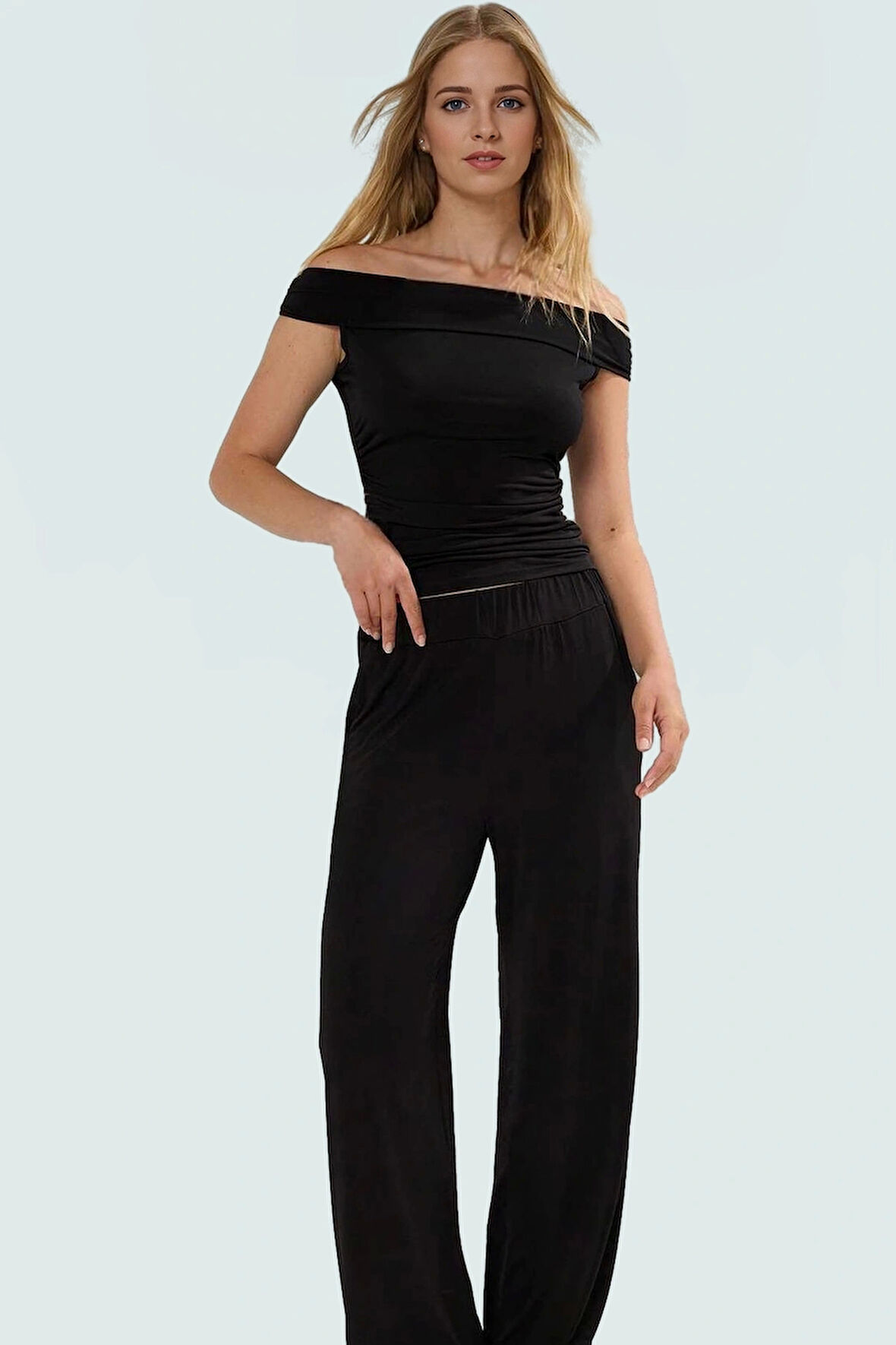 Şık Carmen Yaka Örme Bluz Pantolon Takım Rahat Günlük Stil Profesyonel Görünüm Dayanıklı Malzeme