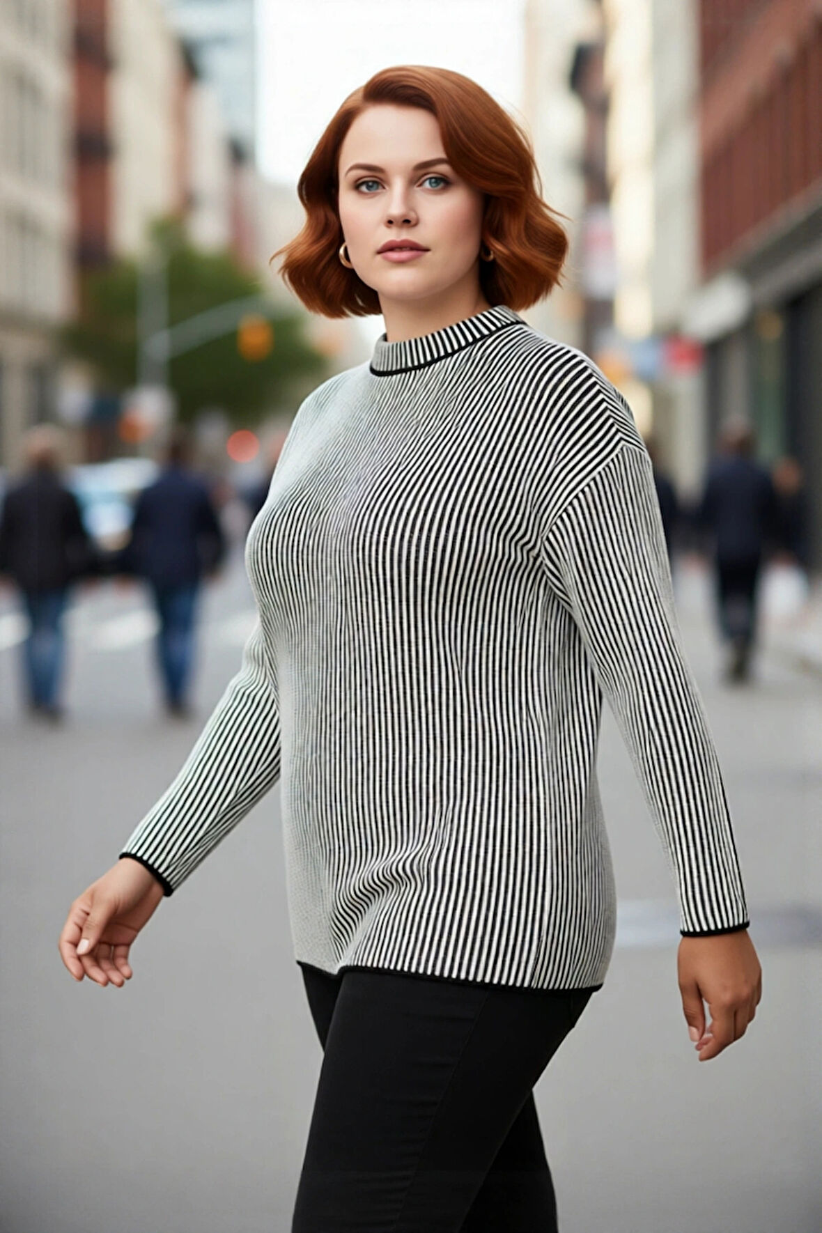 Kadınlara Özel Regular Fit Fitilli Çizgili Bisiklet Yaka Uzun Kollu Triko Kazak Kış Sezonu İçin