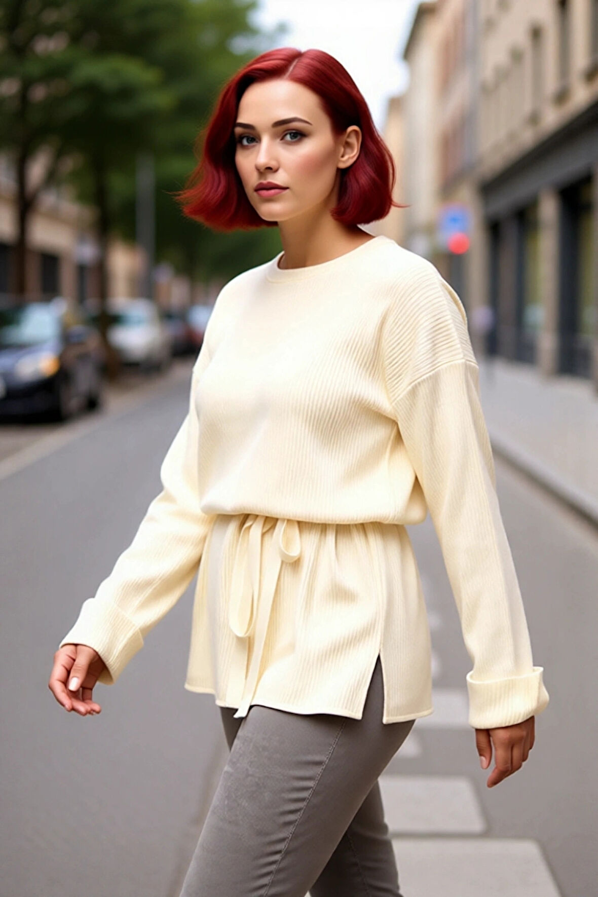 Kadın Relaxed Kalıp Beli Kuşaklı Bisiklet Yaka Uzun Düz Fitilli Triko Kazak Günlük Kullanım İçin