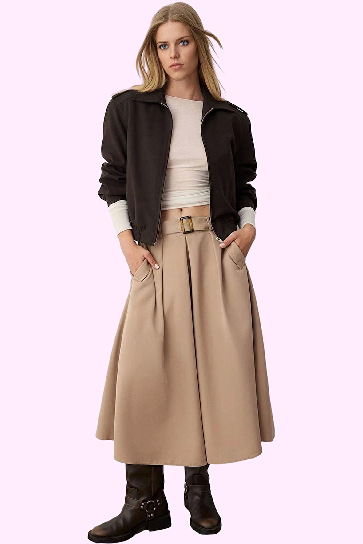 Kadın Kemerli Midi Kloş Etek Günlük Casual Stil Polyester Hafta Sonu Yaz Aylarının Vazgeçilmezi