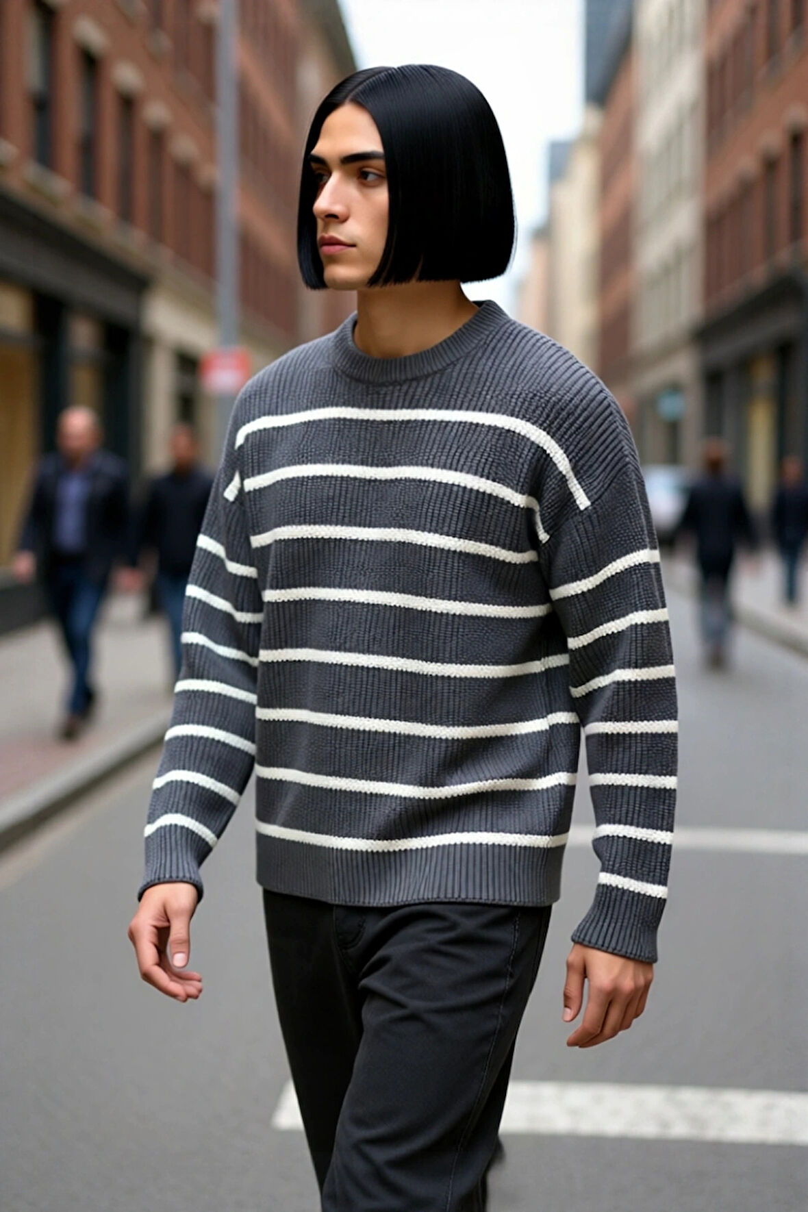 Erkek Oversize Bisiklet Yaka Çizgili Selanik Dokuma Kalın Akrilik Kışlık Kazak Konforlu Stil