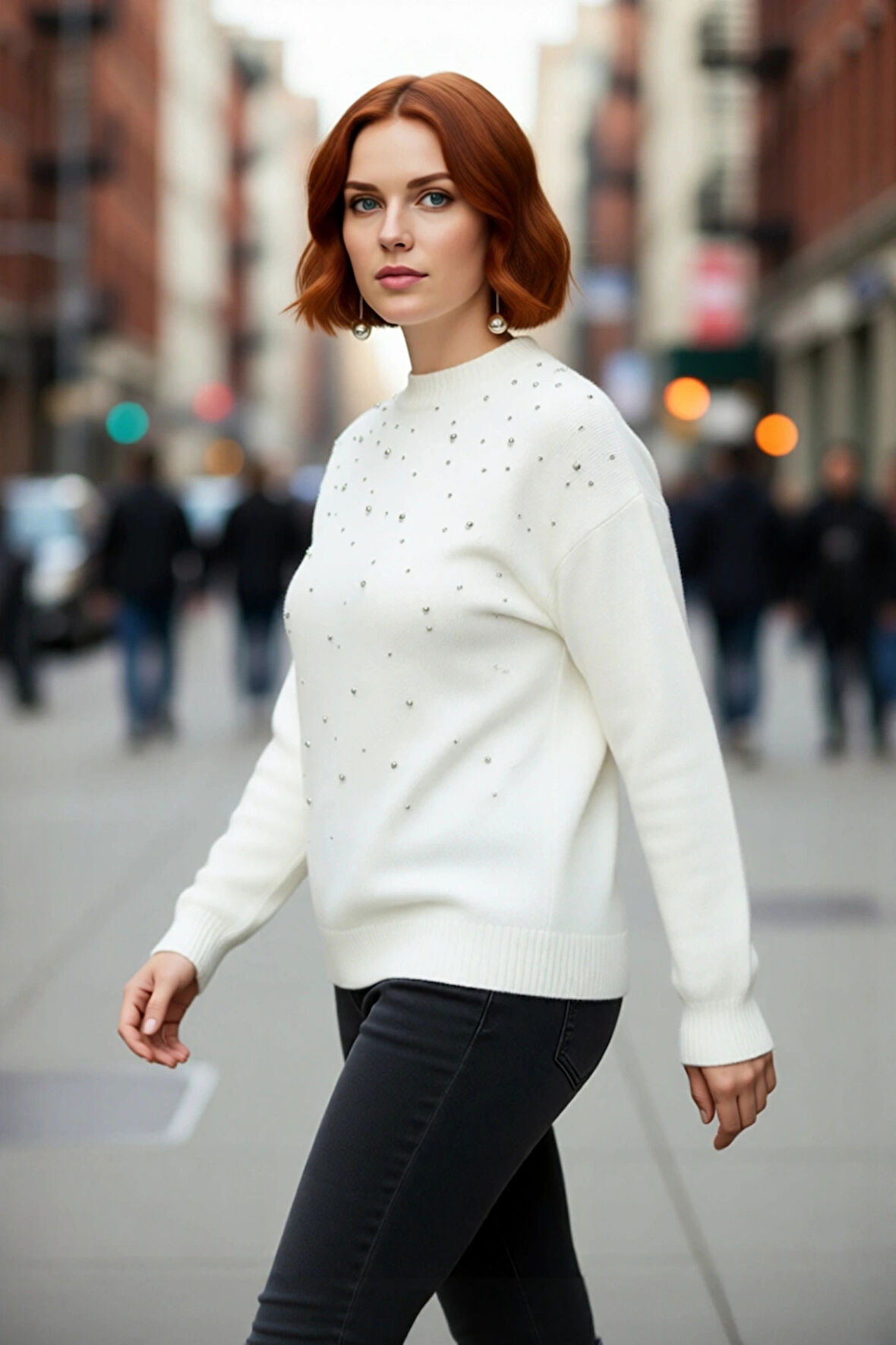 Kadın Ekru Regular Kalıp Trok Detaylı Düşük Kollu Bisiklet Yaka Orta Kalın Triko Kazak Kışlık