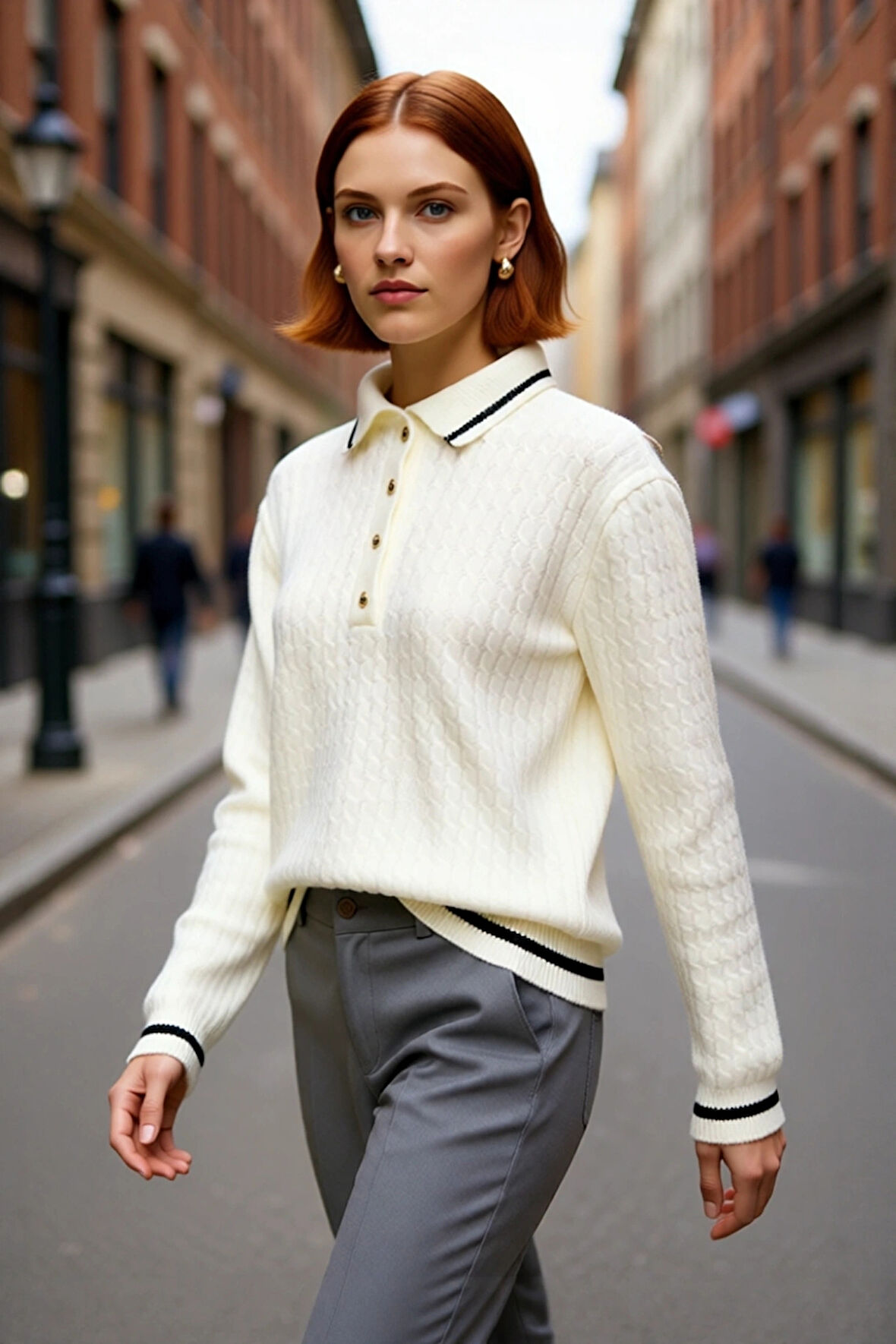 Kadın Ekru Regular Kalıp Polo Yaka Düşük Kol Renk Bloklu Orta Kalınlık Triko Kazak Günlük Şıklık