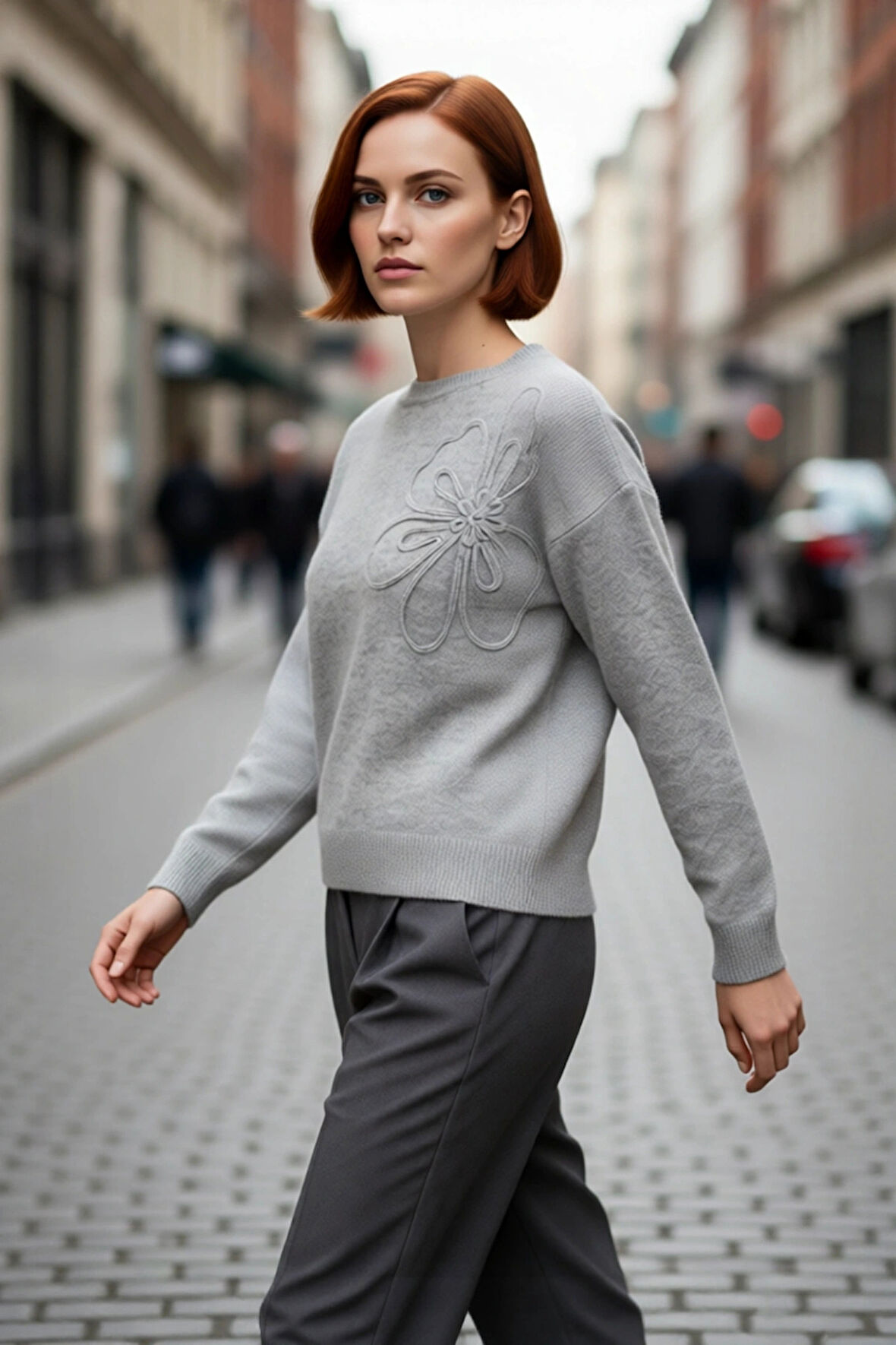 Kadınlar İçin Nakışlı Çiçek Desenli Gri Triko Kazak Bisiklet Yaka Regular Kalıp Kış Şıklığı