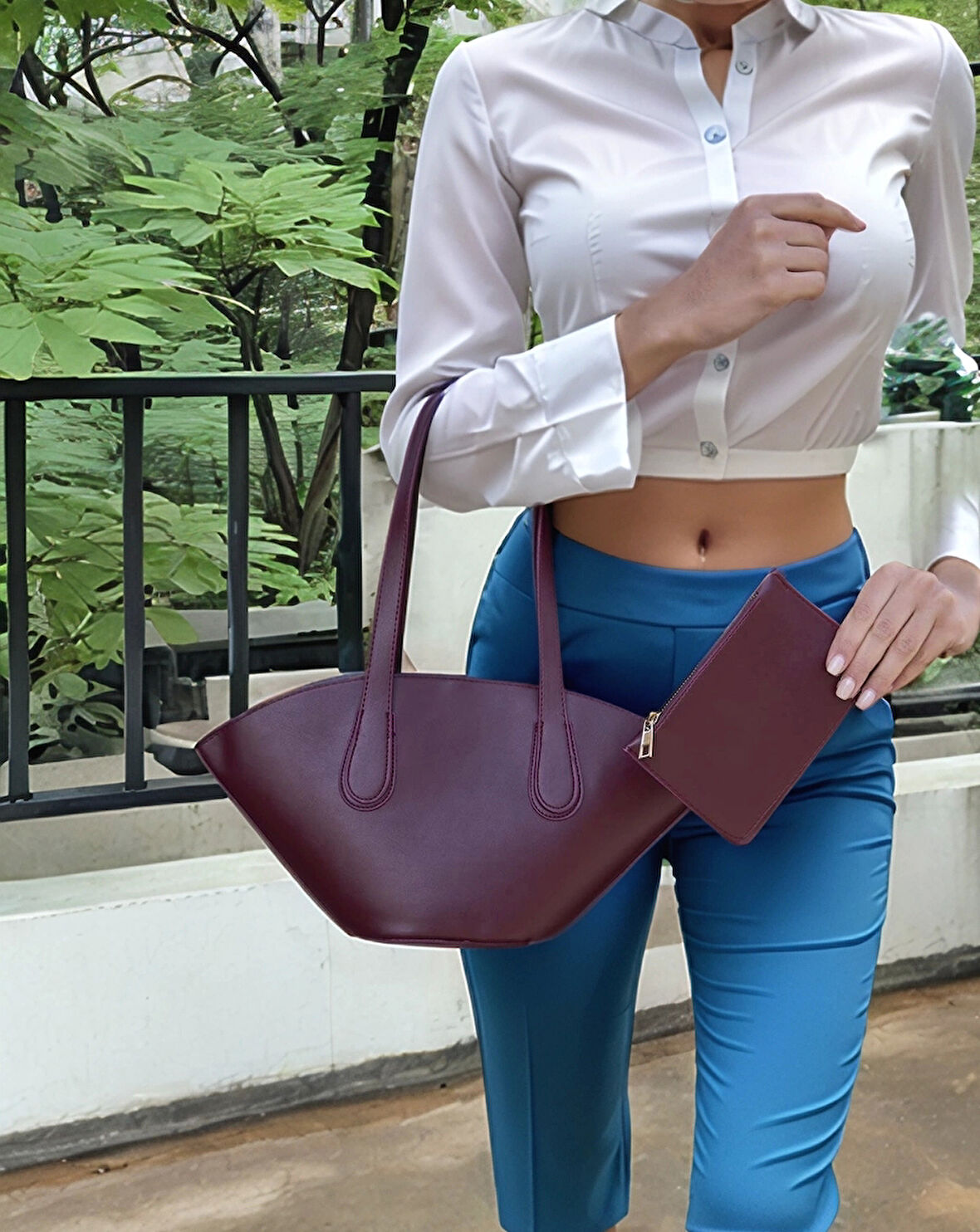 Kadın El ve Omuz Kullanımlı Çıkarılabilir Cüzdanlı Modern Kesim Shopper Çanta