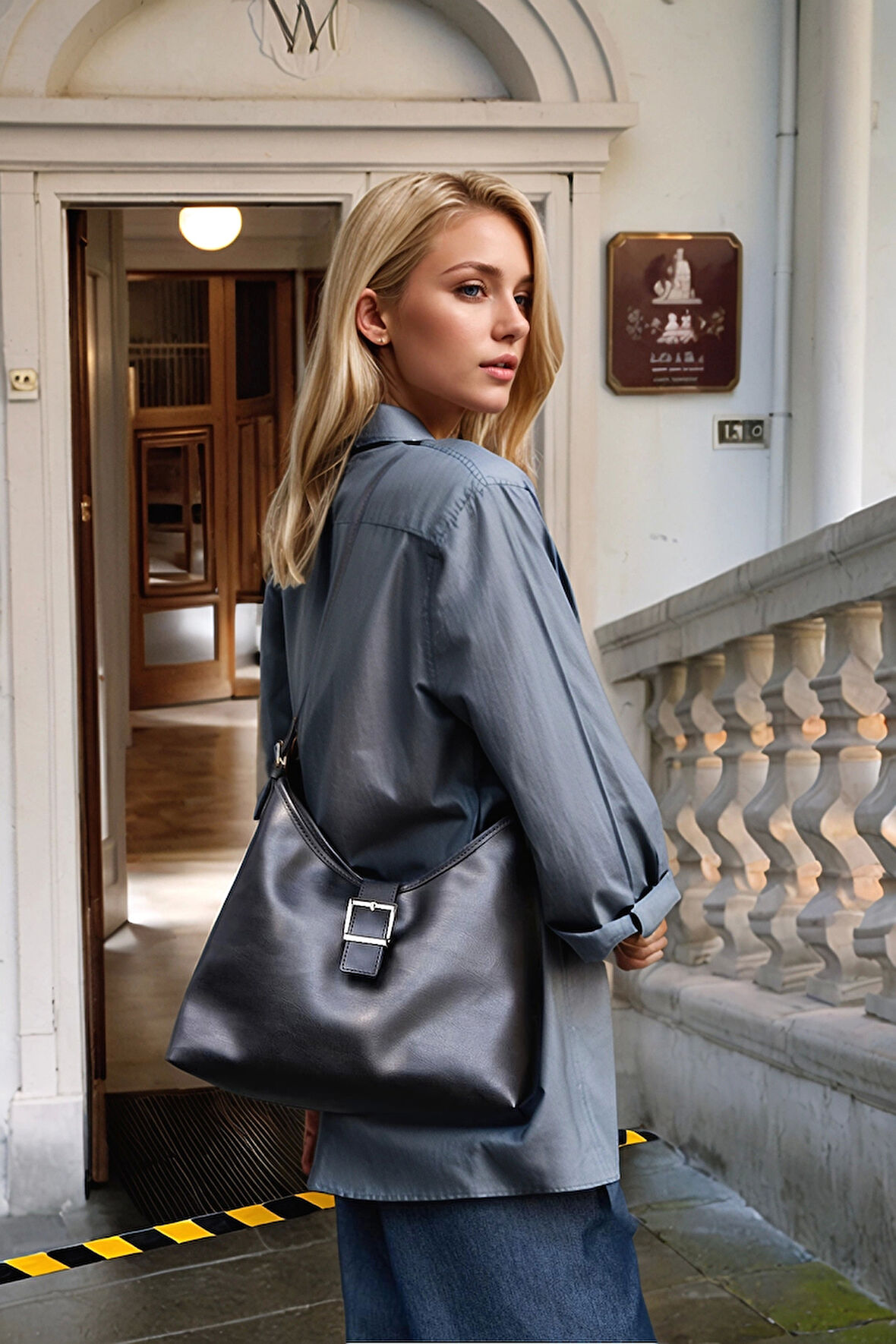 Kadın Gold Tokalı Askılı El ve Omuz Çantası Modern Tasarımlı Kapaklı Model