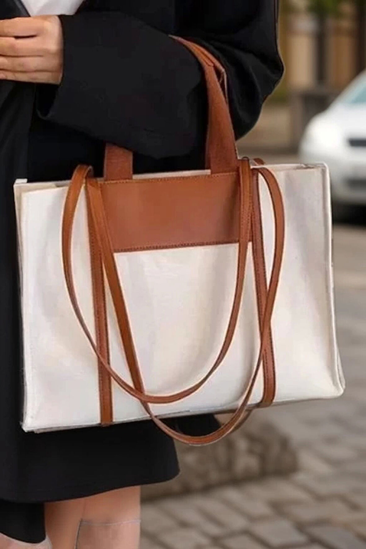 Deri Garnili Kanvas Tote El ve Omuz Çantası Geniş İç Hacimli Günlük Kullanım Modeli