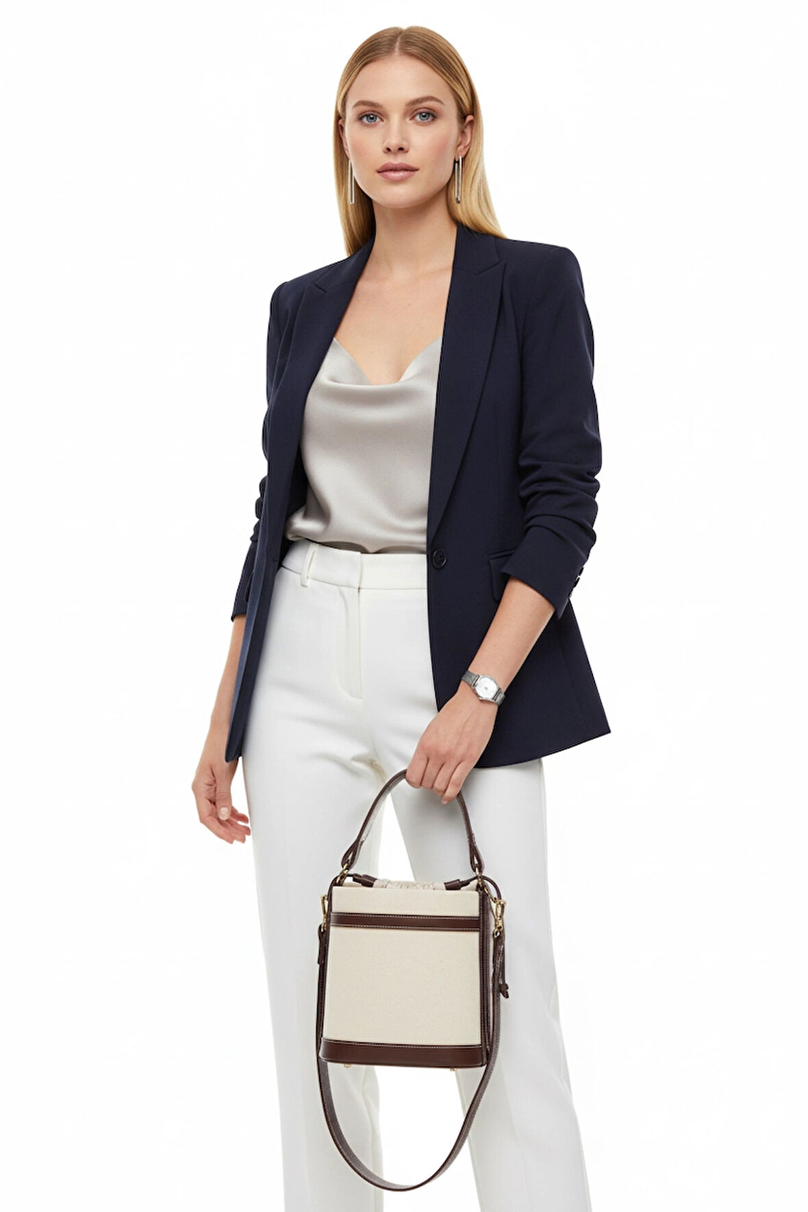 Kadın Kontrast Dikişli Kova Formlu El ve Omuz Kullanımlı Büzgülü Modern Çanta