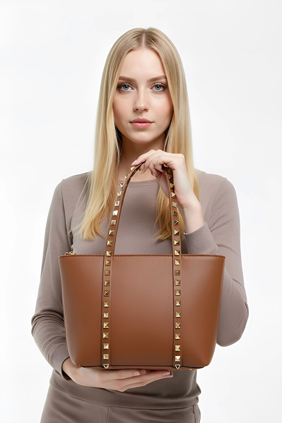 Kadın Zımba Detaylı PU Deri El Ve Omuz Çantası Günlük Kullanım İçin