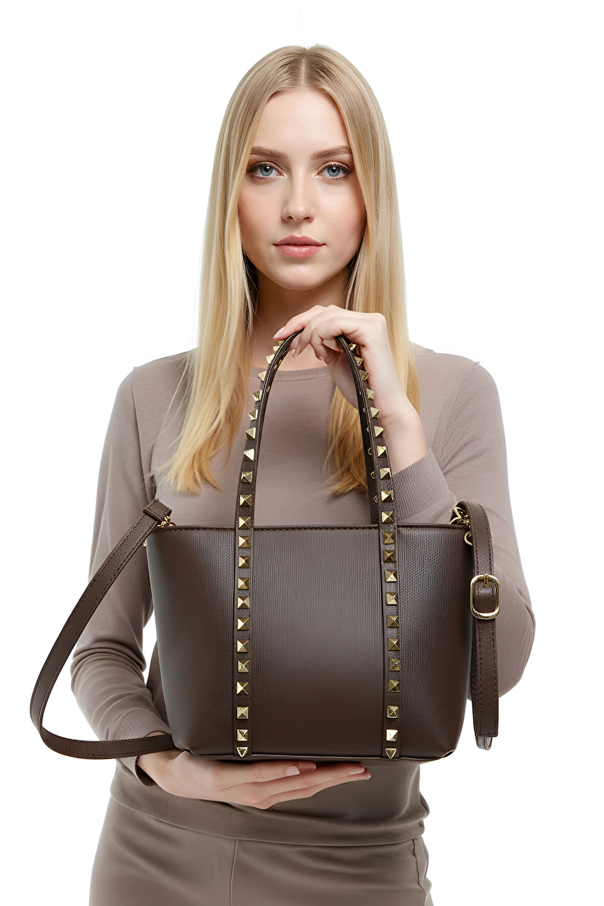 Kadın Zımba Detaylı PU Deri El Ve Omuz Çantası Günlük Kullanım İçin