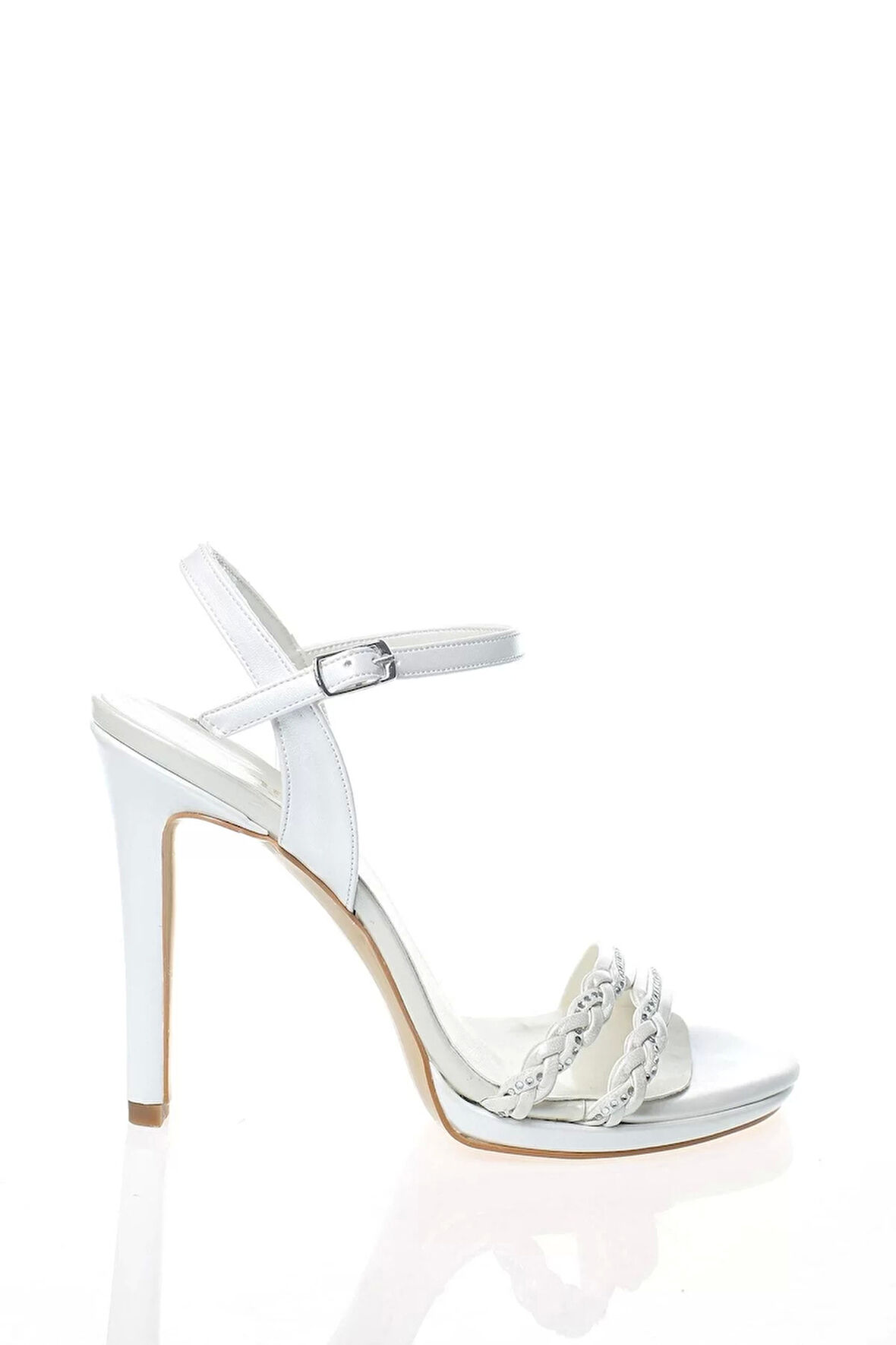 Kadın Moda Şık Platin Ayna Örgü Taş Topuklu Zarif Tasarım Düğün Nişan Gece Abiye Ayakkabı