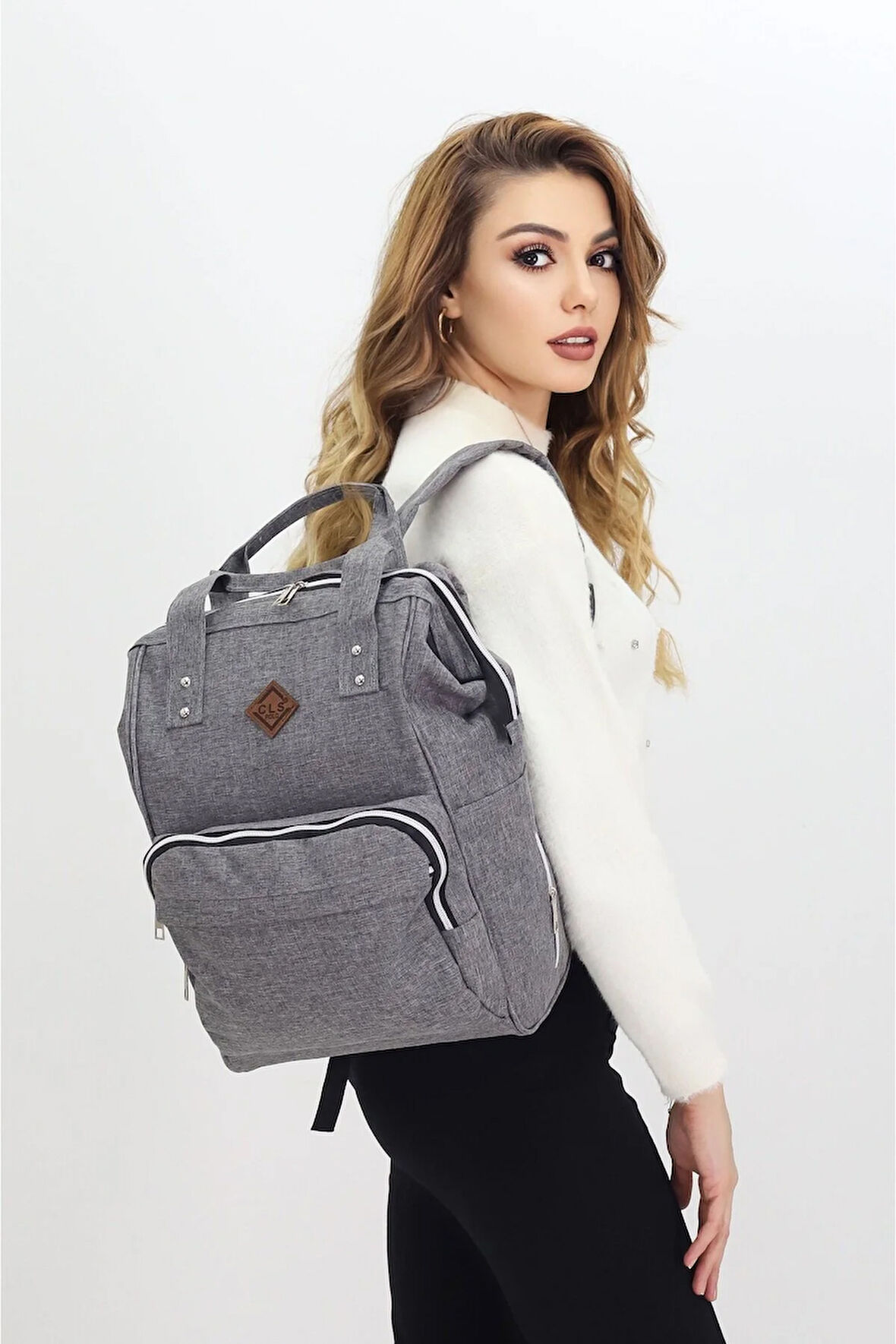 Termal Bölmeli Gri Anne Bebek Sırt Çantası Melanj Kumaş Su Geçirmez Bebek Bakım Çantası Puset Uyumlu