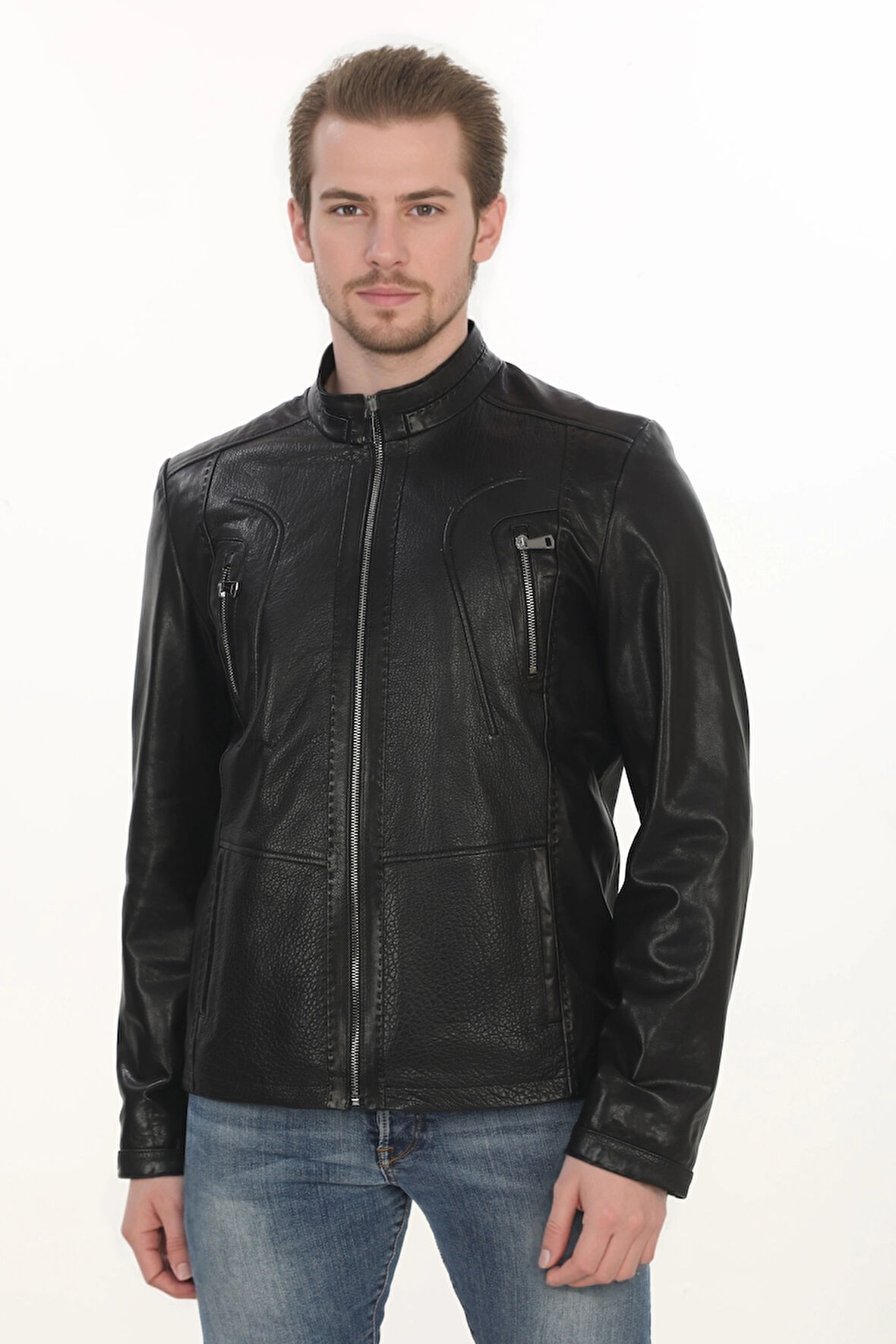 Erkek Motorcu Ruhuna Hitap Eden Derimont Slim Fit Hakiki Kuzu Derisi Siyah Erkek Deri Ceket