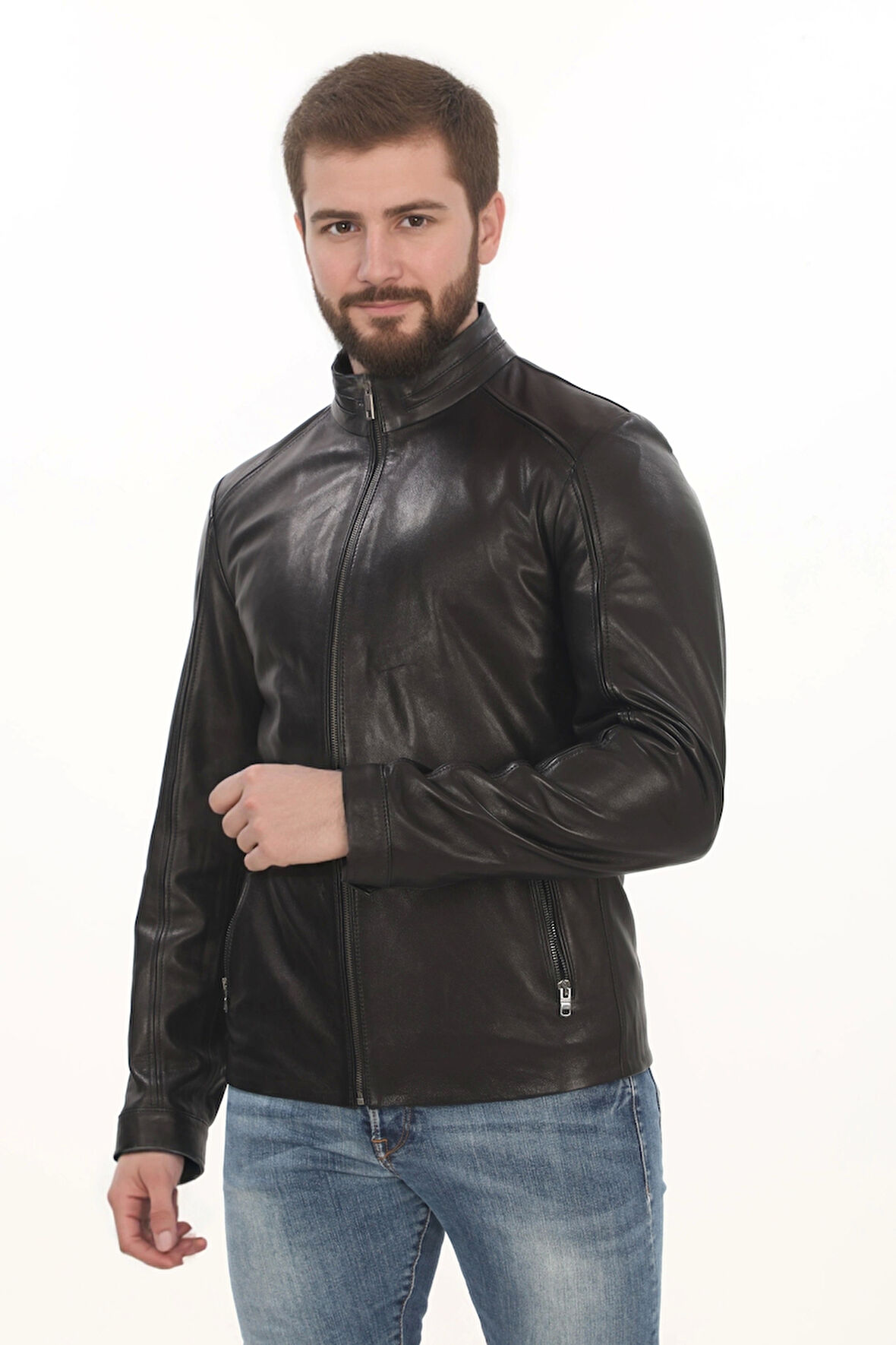 Erkek Minimal ve Çekici Derimont Ceket Erkek Hakiki Kuzu Derisi Slim Fit Siyah Mont