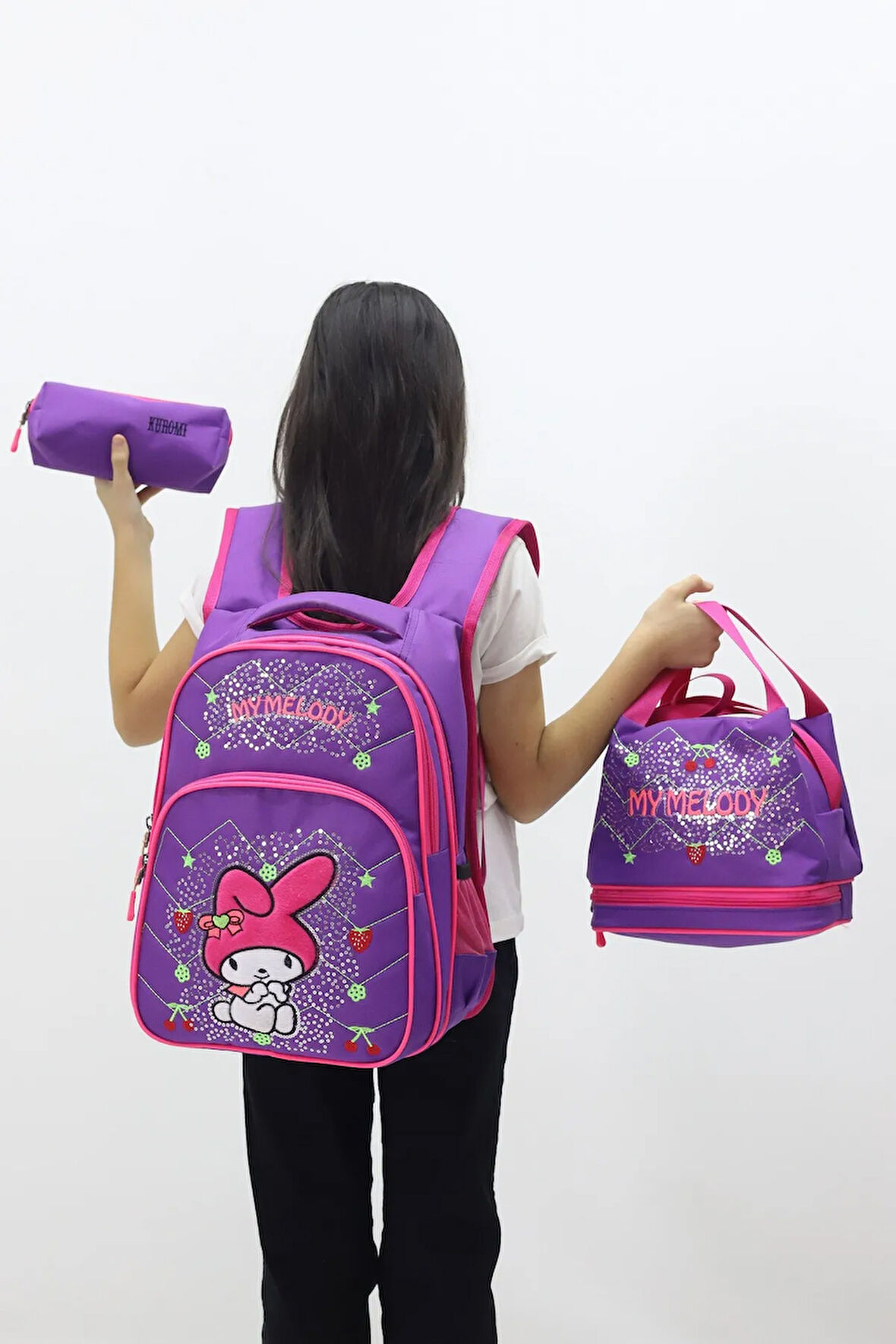MyMelody Kız Çocuk 3’lü Okul Çanta Seti Sevimli Tasarımlı Sırt Çantası Beslenme Çantası Kalemlik