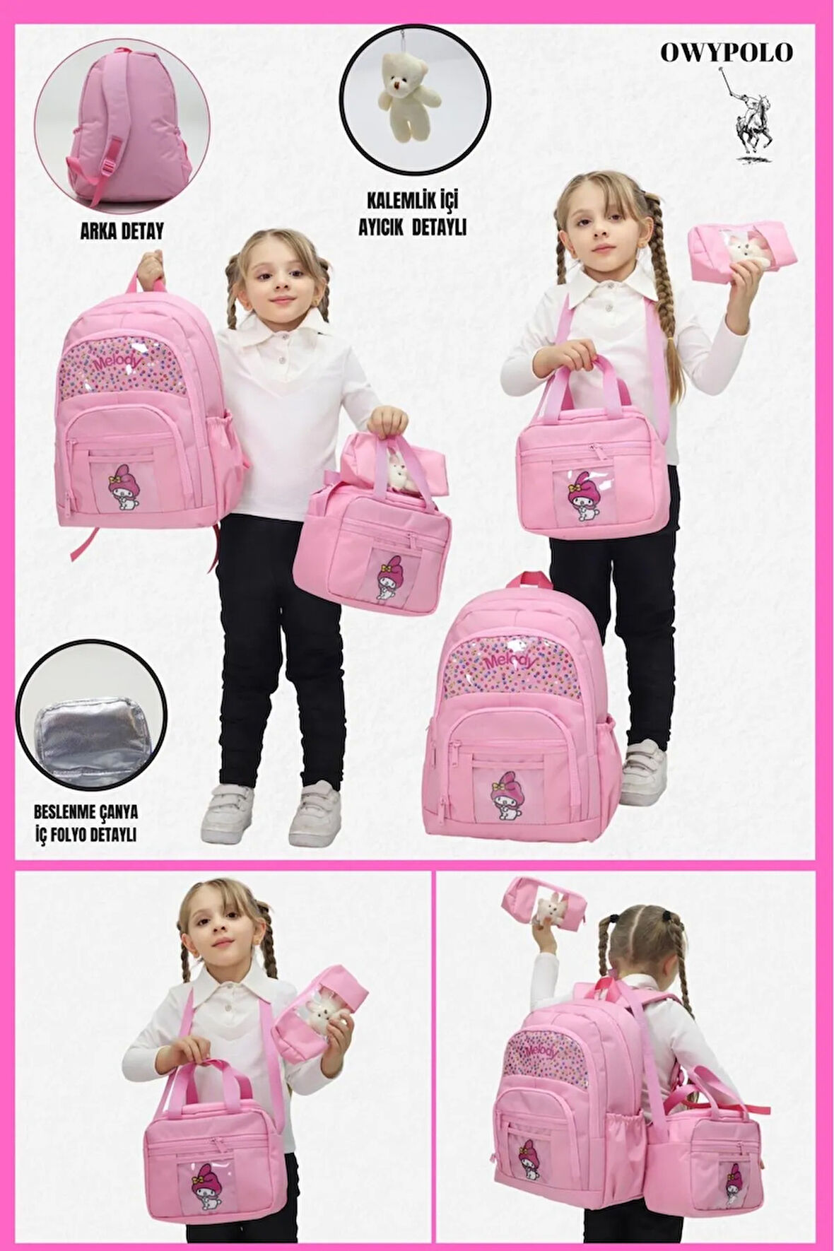 Kız Çocuk MyMelody Temalı 3'lü Okul Çanta Seti Sırt Çantası Termal Beslenme Çantası Kalemlik Sevimli