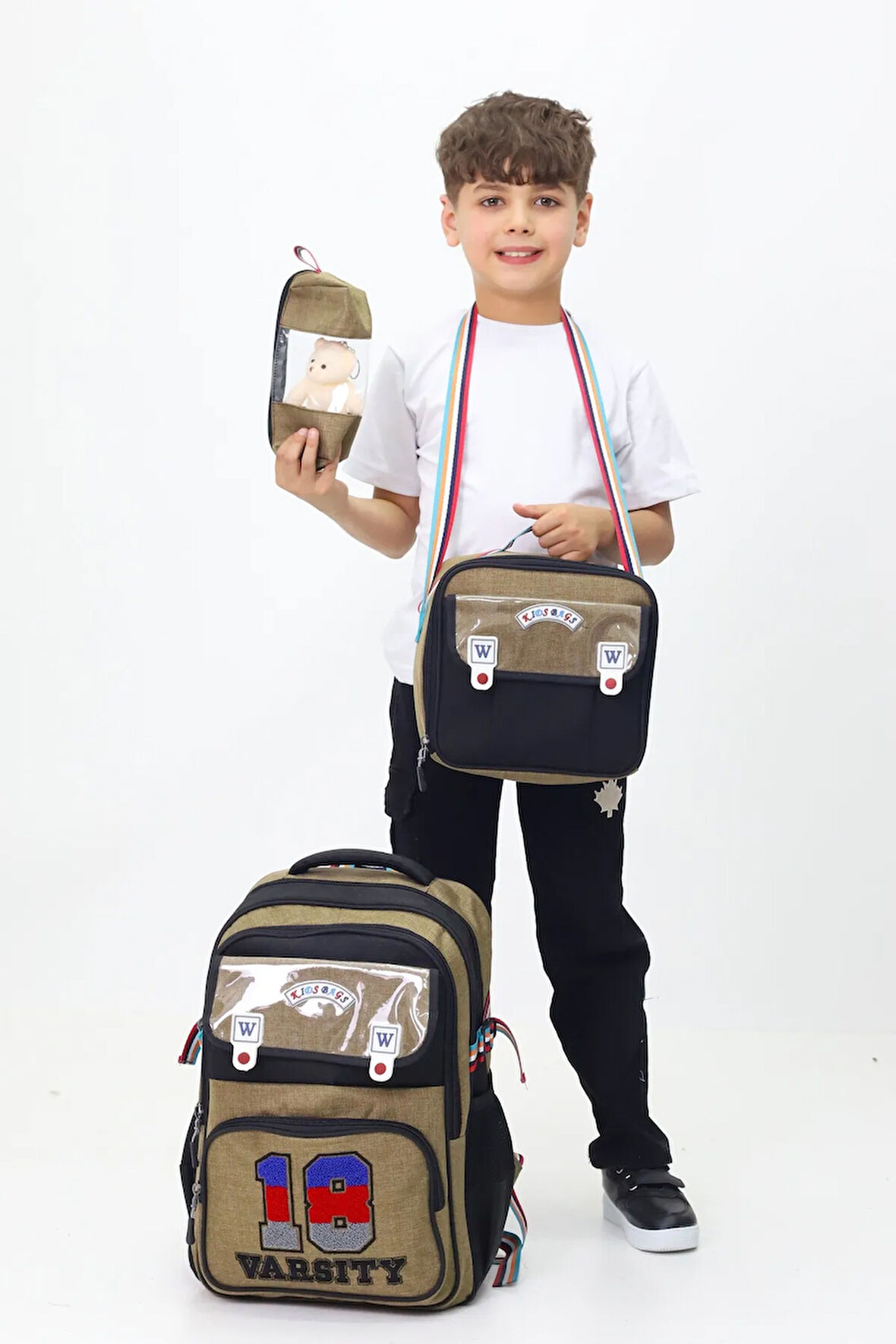 18 Varsity 3'lü Okul Çanta Sırt Çantası Beslenme Çantası Kalemlik İlkokul Peluş Oyuncak Hediyeli