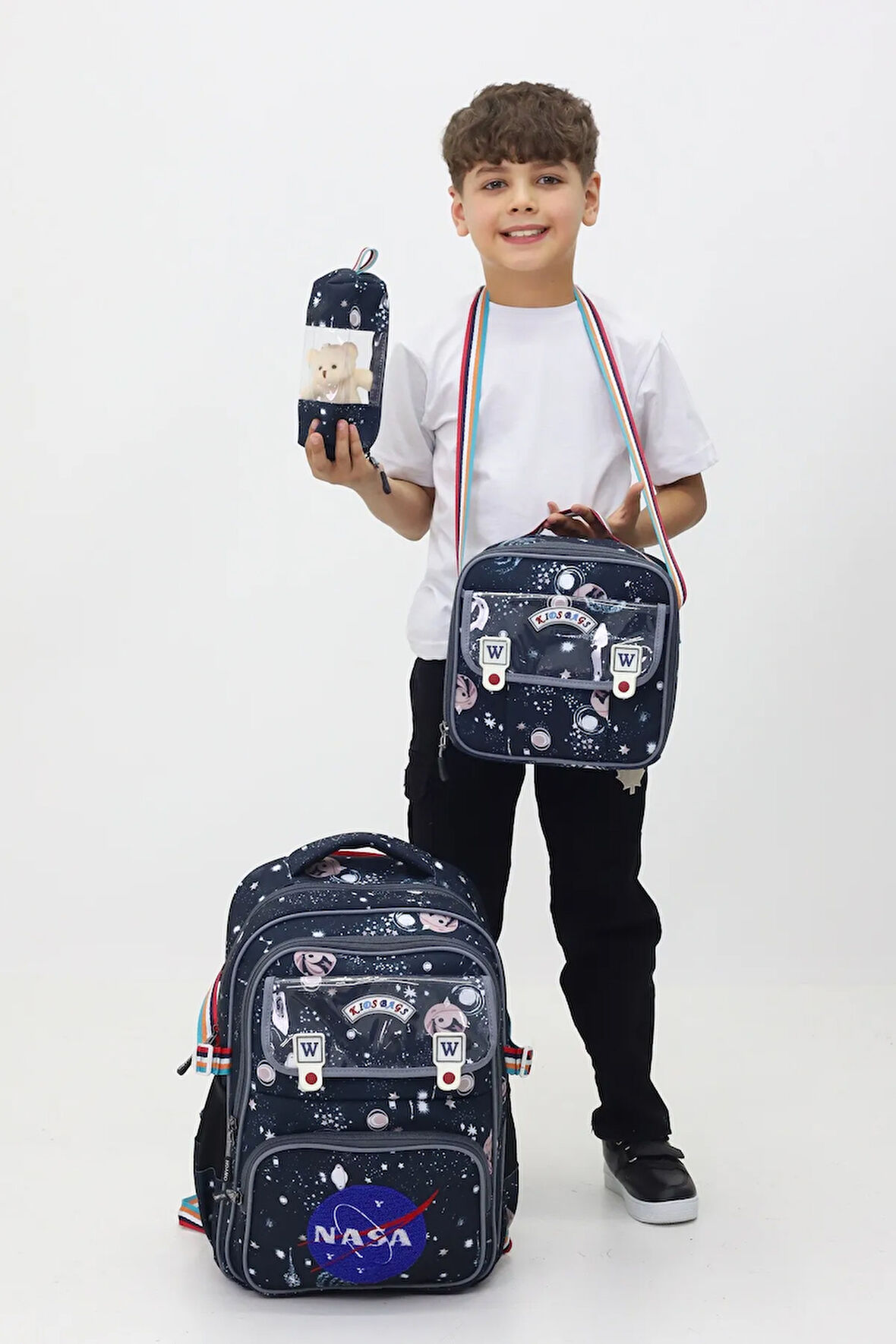 NASA 3'lü Çanta Sırt Çantası Beslenme Çantası Kalemlik Çocuk İlkokul Çantası Peluş Oyuncak Hediyeli