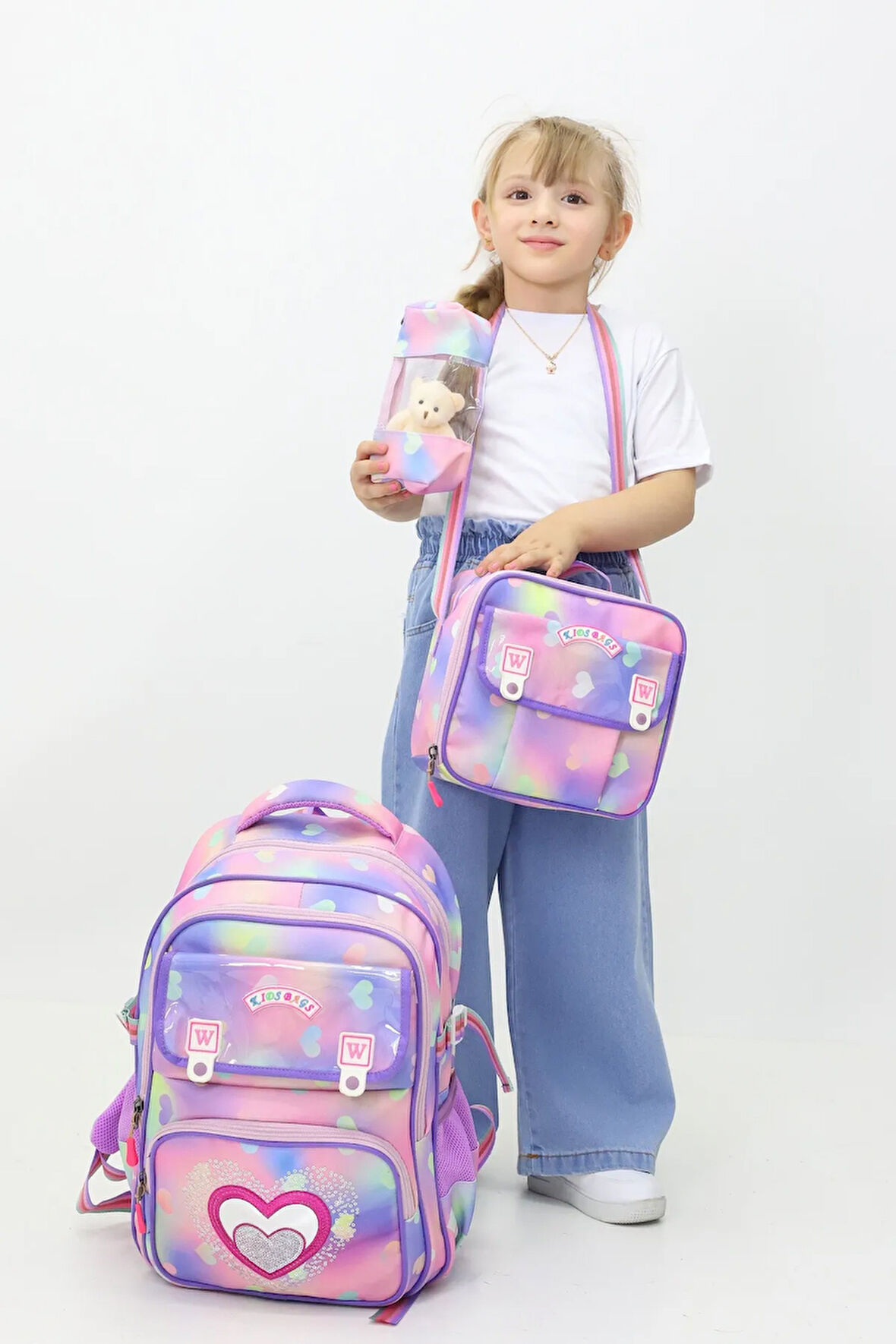 Kalpli 3'lü Kız Çanta Seti Sırt Çantası Beslenme Çantası Kalemlik Peluş Oyuncak Hediyeli İlkokul