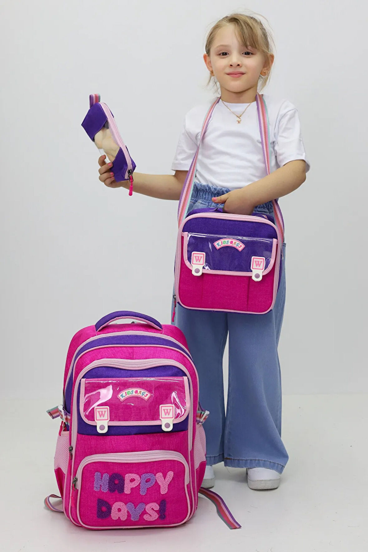 Happy Days 3'lü Kız Çanta Seti Sırt Çantası Beslenme Çantası Kalemlik İlkokul Peluş Oyuncak Hediyeli