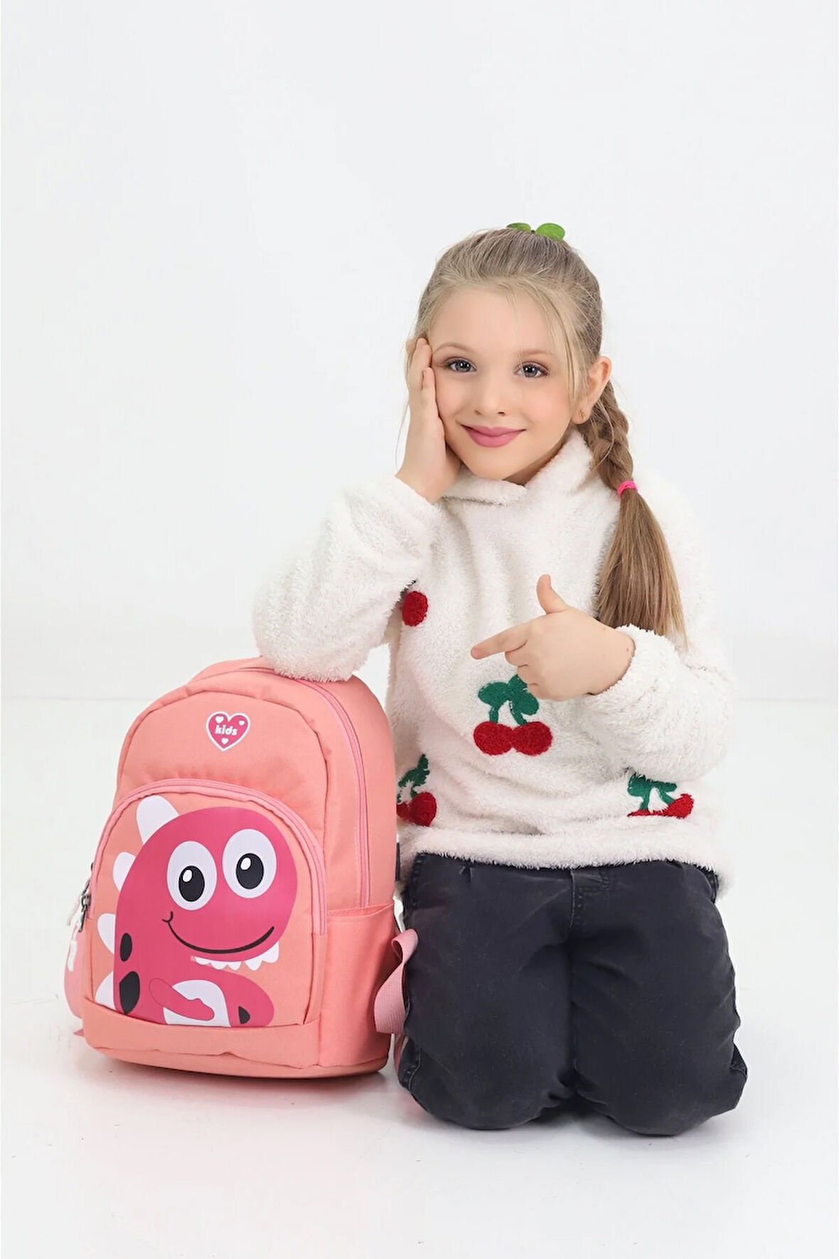 Sevimli Dinozor Figürlü Somon Anaokulu Kreş Çantası 4 Bölmeli Kız Çocuk Sırt Çantası