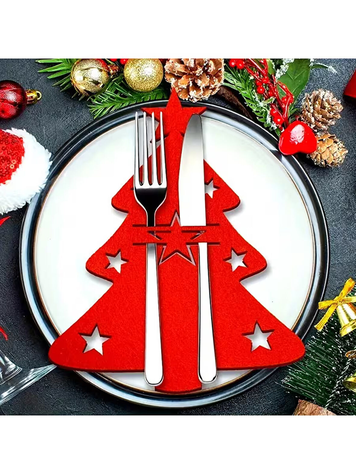 Yılbaşı Çam Ağacı Kırmızı Keçe Çatal Bıçak Tutucu, Yılbaşı Masası Dekoru, Şık Sofralar için.