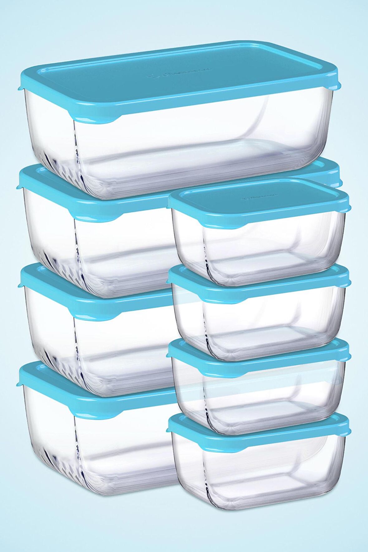 8 Parça Snowbox Saklama Kabı Takımı - Mavi Kapaklı / 4 Büyük + 4 Orta