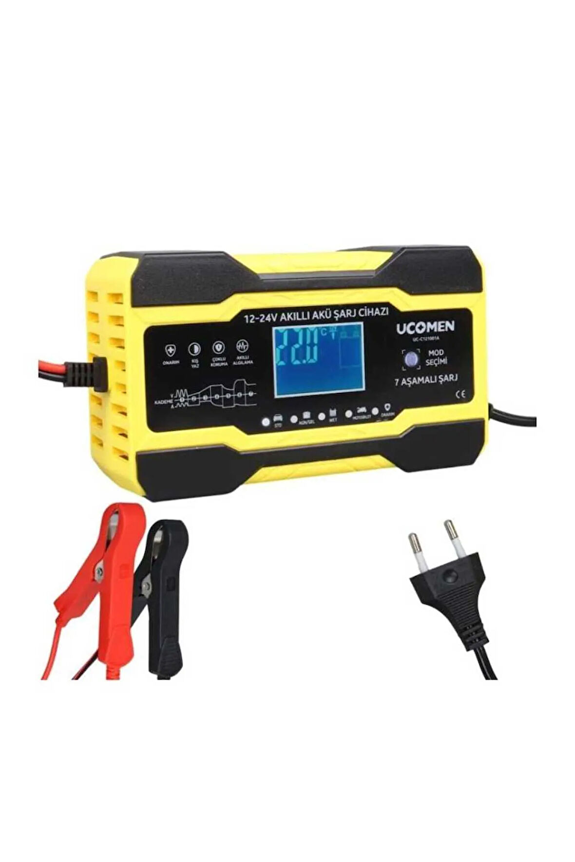 12/24 Volt 10 Amper Led Göstergeli 7 Aşamalı Akü Şarj Cihazı (UC-C121001A Sarı)