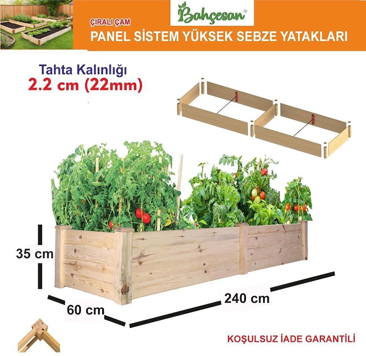 Bahçesan Panel Sistem Yüksek Sebze Yatağı/Ahşap Sebze Tarhı/Çıralı Çam 60x240x35