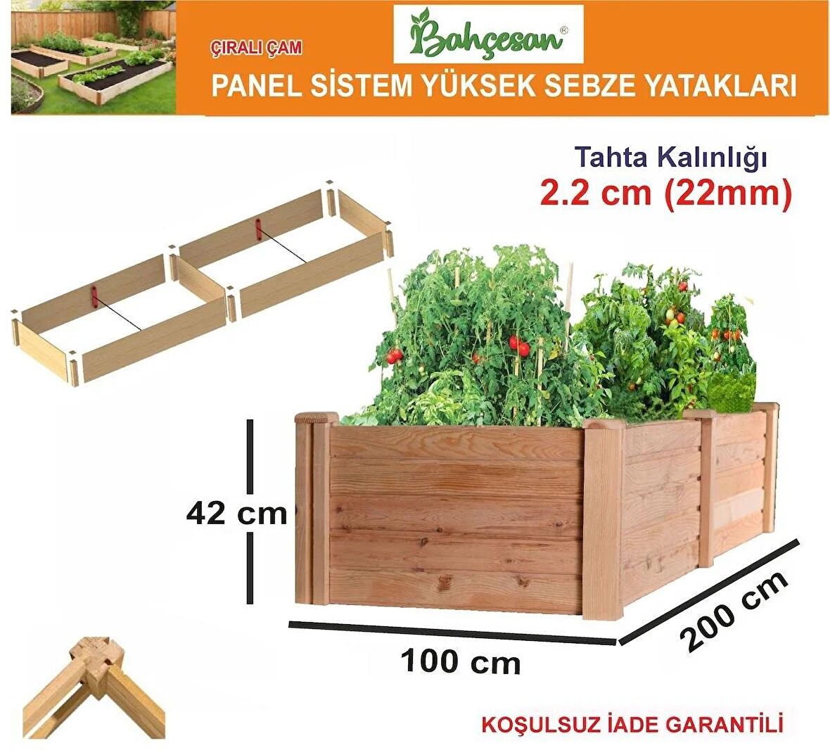 Bahçesan Panel Sistem Yüksek Sebze Yatağı/Ahşap Sebze Tarhı/Çıralı Çam 100x200x42