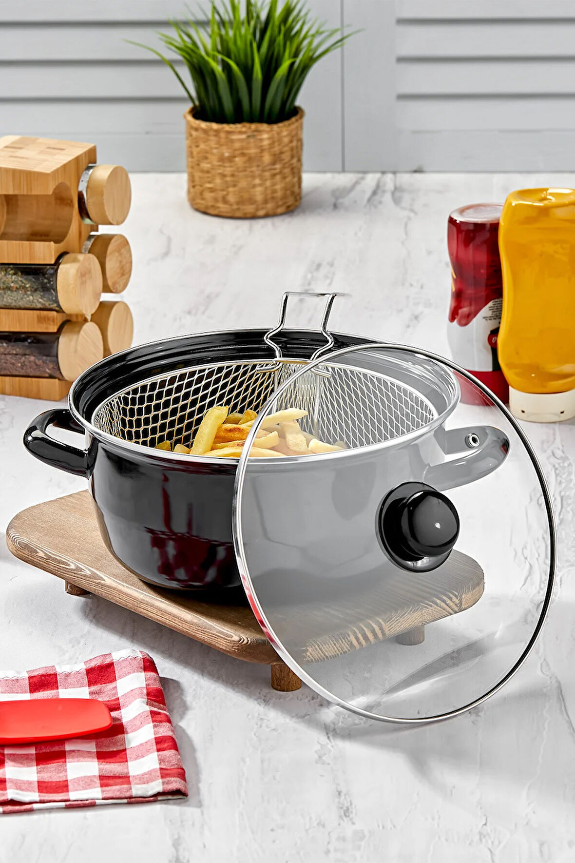 Emaye Kızartma Tenceresi 24 cm Siyah Fritöz Telli