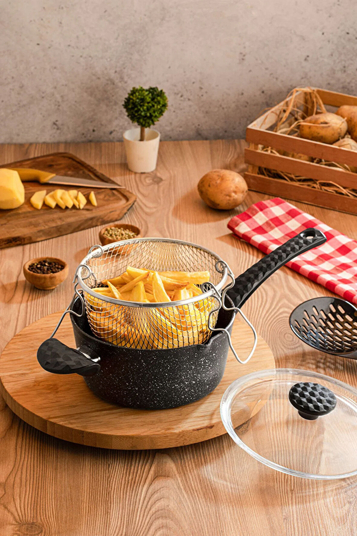 Cheflon Granit Kızartma tencere Tavası Fritöz Telli 20 cm Kapakl