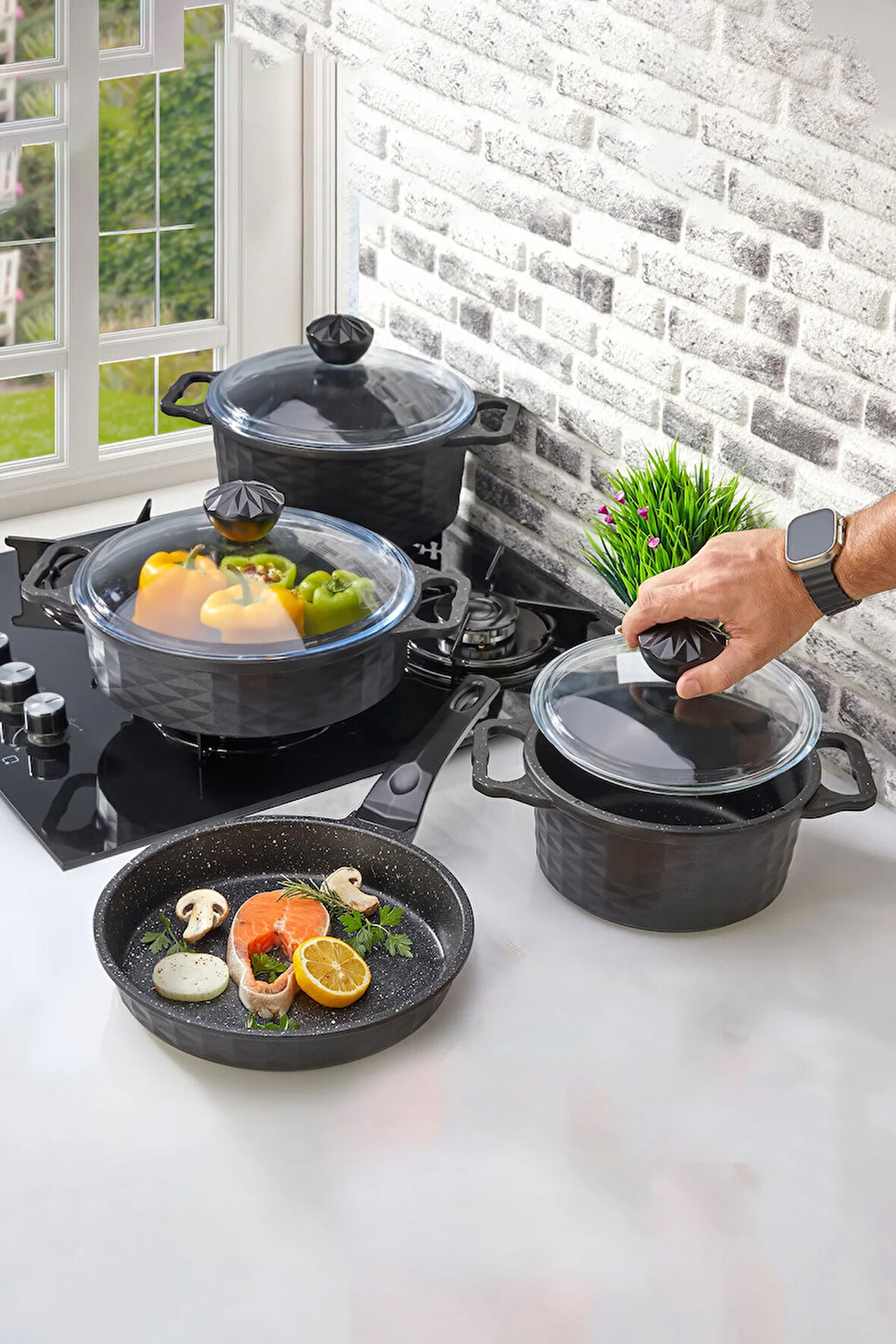 Kristal Döküm Granit 7 Parça Tencere ve Tava Seti Siyah