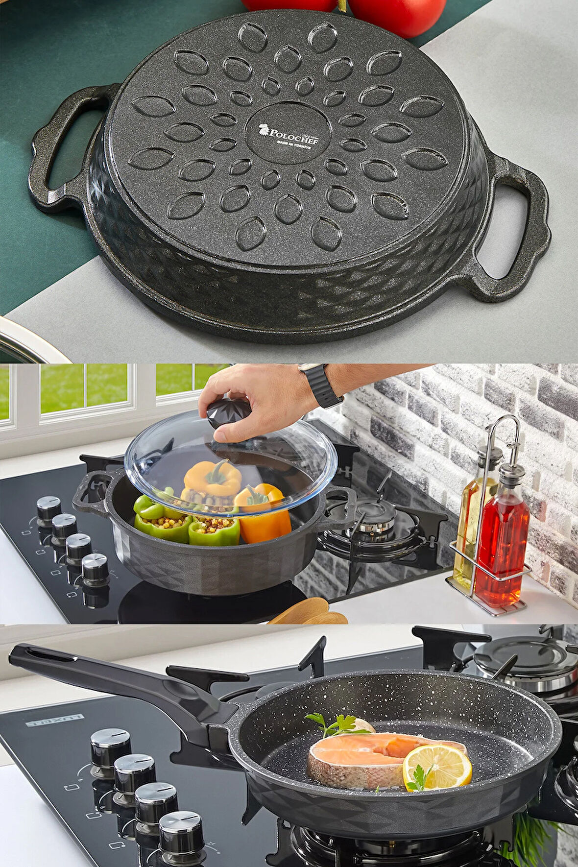 Kristal Döküm Granit 3'lü Tencere Tava Sahan Seti 4 Parça