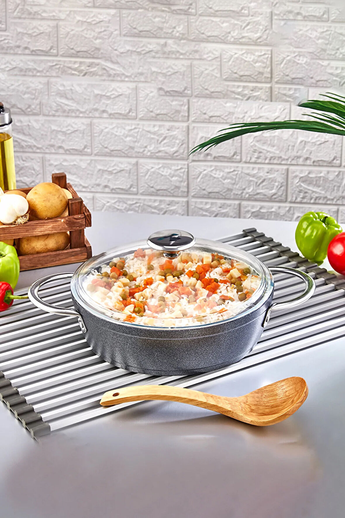 Galaksi Döküm Granit Pilav ve Karnıyarık Basık Tencere 24 cm Siyah