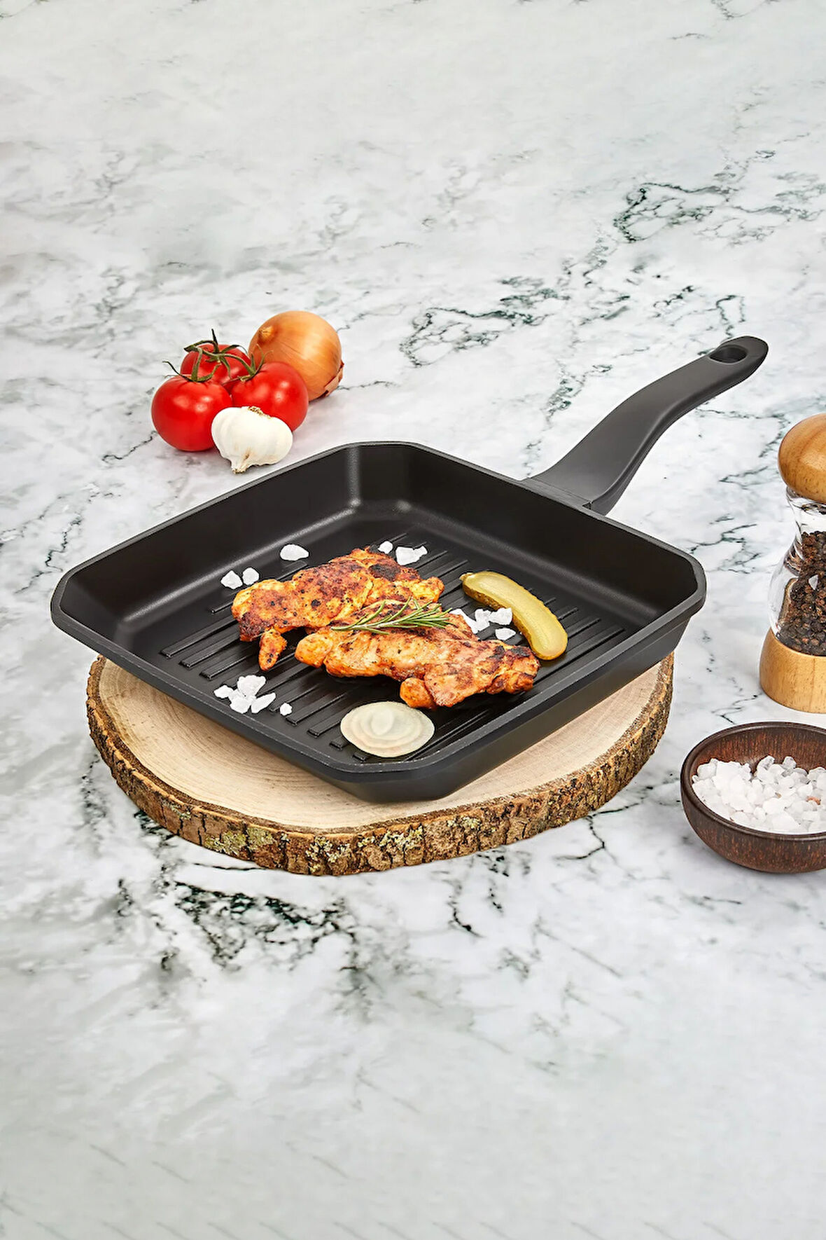 Iron Döküm Granit Kare Izgara Tava 28 cm Siyah