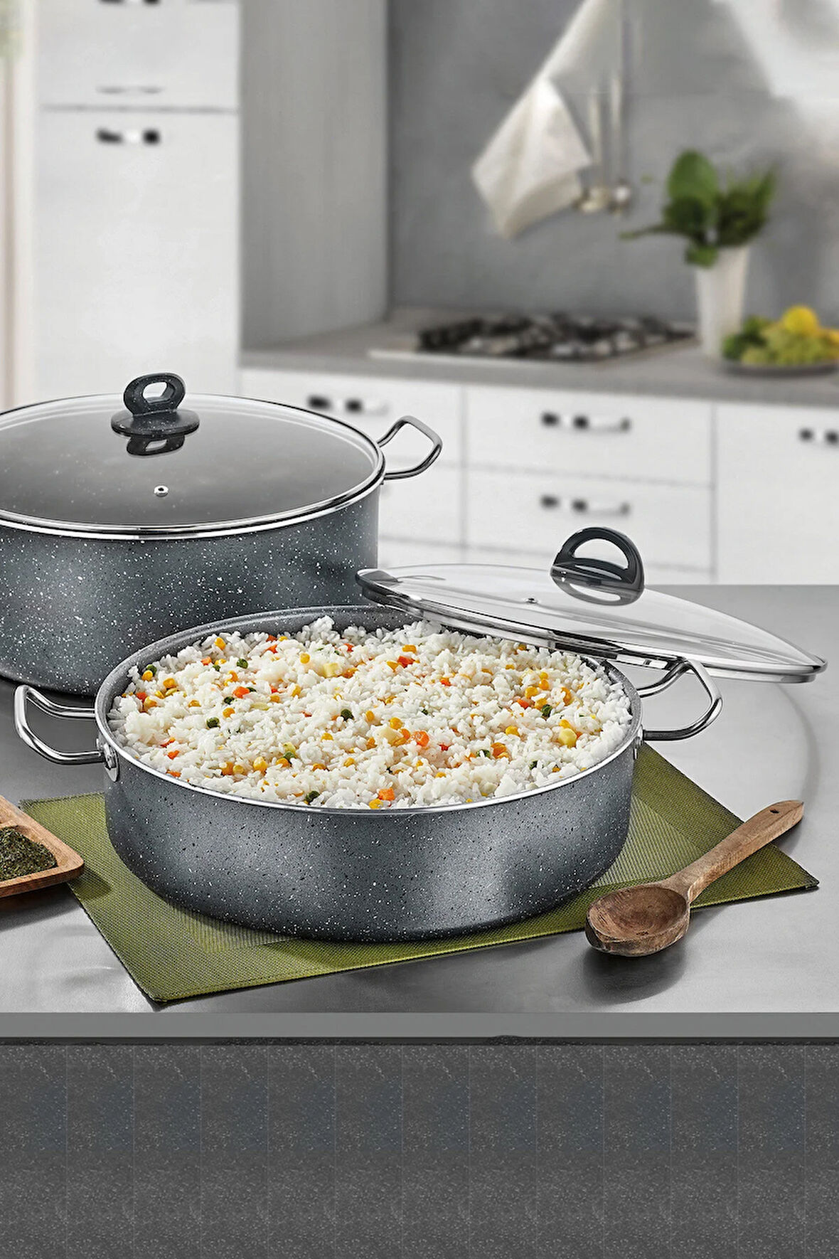 Megatron Döküm Granit Basık Pilav Tencere Kapaklı 40 cm Gri