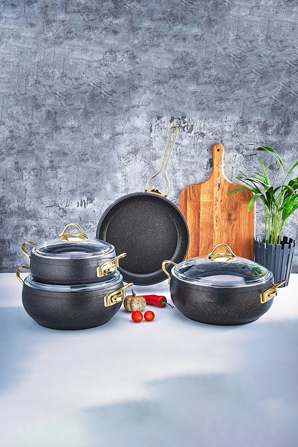 Mega Döküm Granit Tencere ve Tava Seti 7 Parça Siyah