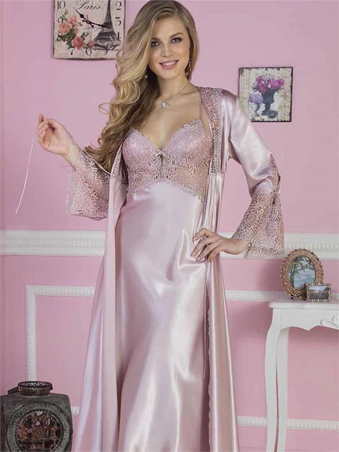 Saten Gecelik Sabahlık Pijama Takım Şort Takım 6'lı Çeyiz Seti - 6620