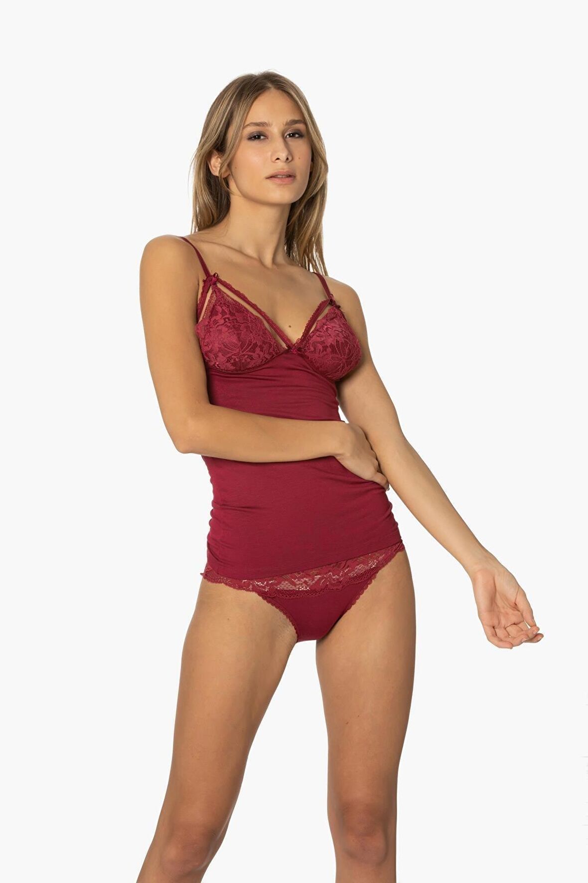 Kadın Bordo Dantelli Penye Atlet Külot Seti 375