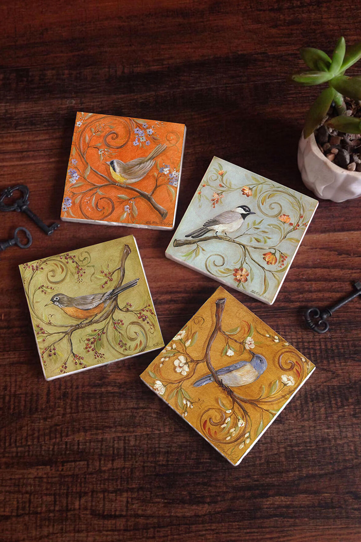 Serçe Kuş Taş Bardak Altlığı Masaüstü Koruyucu Altlık 4 Parça Set 10x10cm Stone Coasters