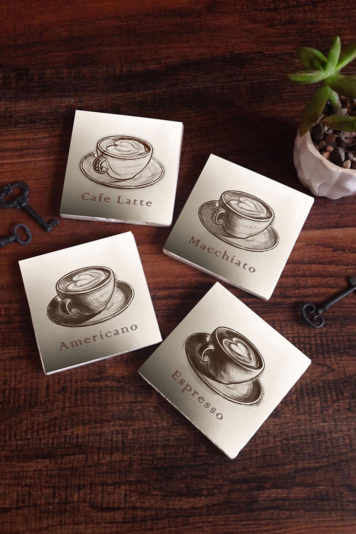 Kahve Taş Bardak Altlığı Masaüstü Koruyucu Altlık 4 Parça Set 10x10cm Stone Coasters